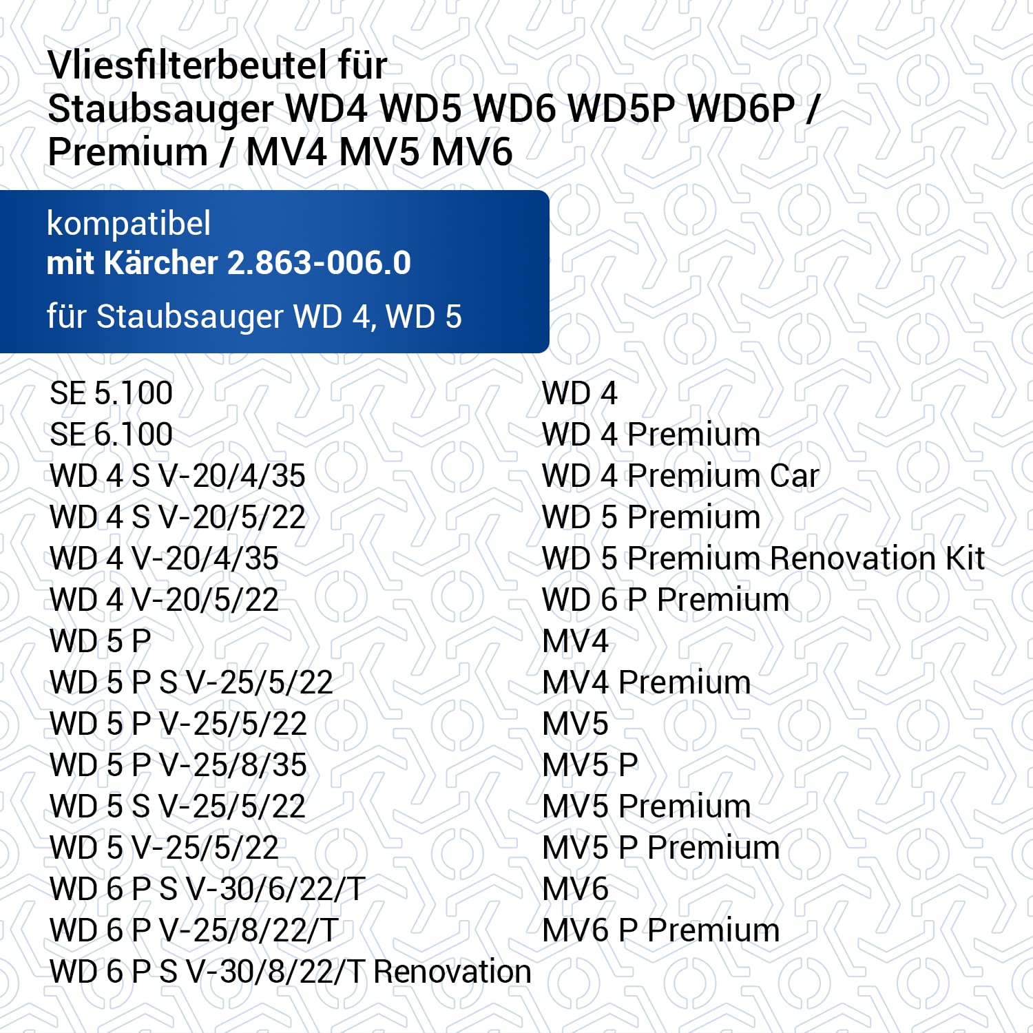 VIOKS Lot de 10 sacs d'aspirateur de rechange pour Kärcher 2.863-006.0 - Sacs d'aspirateur en non-tissé pour Kärcher WD4, Kärcher WD5, Kärcher WD6 - Accessoires pour aspirateur sec et humide Kärcher