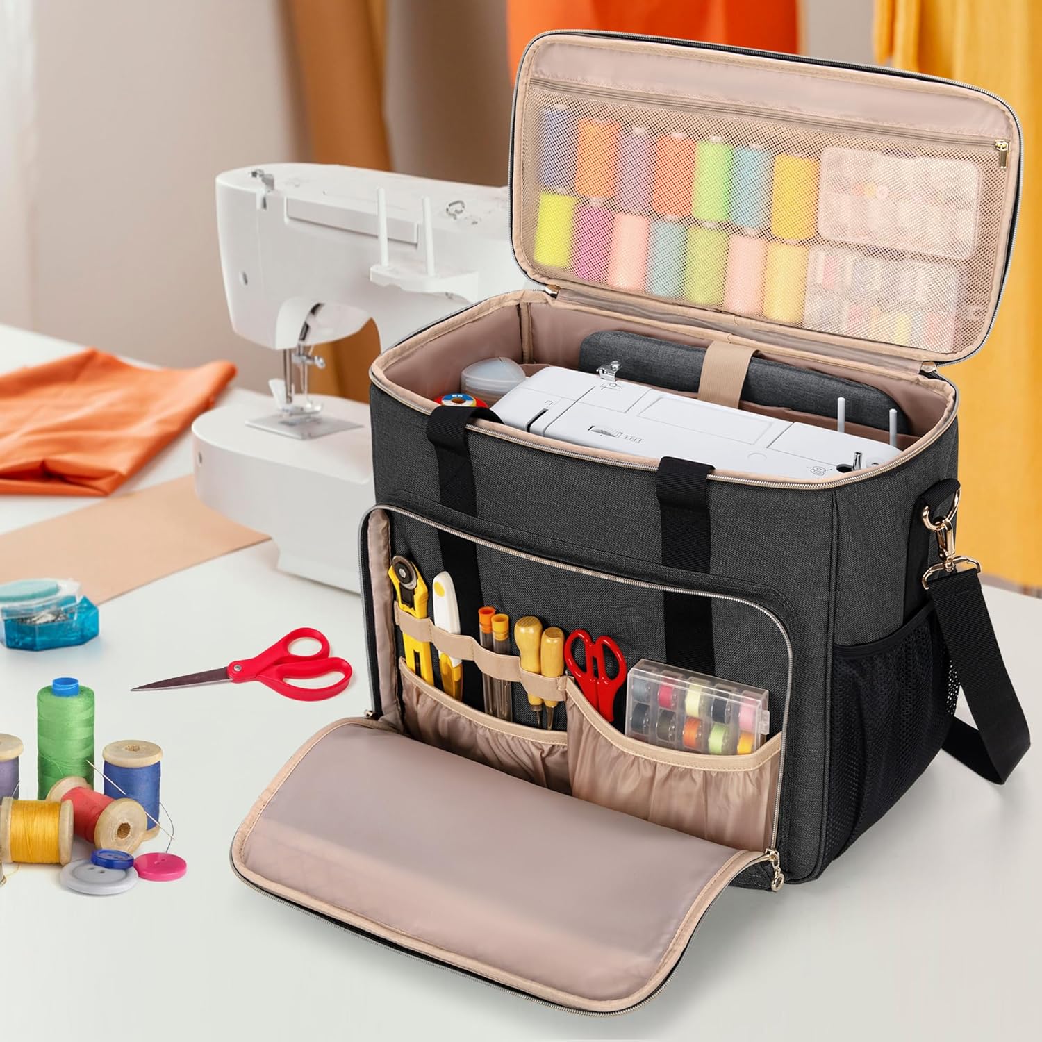 LUXJA Sewing Machine Case with Multiple Pockets, Portable Sewing Machine Bag Compatible with Most Standard Brother, Singer, Janome Sewing Machines, Black