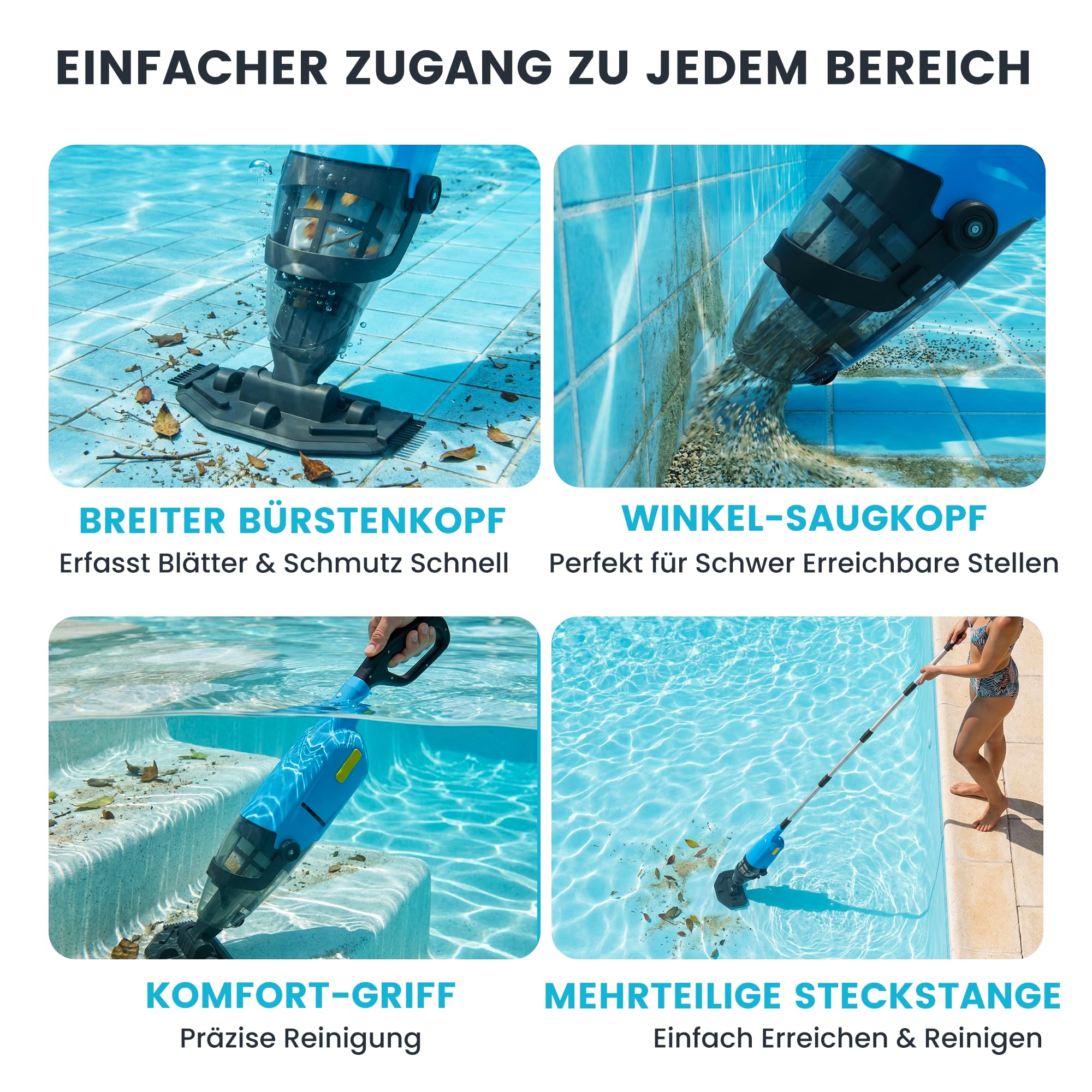 Poolsauger Akku, Pool Bodensauger mit Betriebsdauer bis zu 60-90 Minuten, 160 cm Teleskopstange, Poolreiniger mit 4 Filtern, Absaugung bis zu 4088 L/h, Ideal für oberirdische Pools/Spas Whirlpool