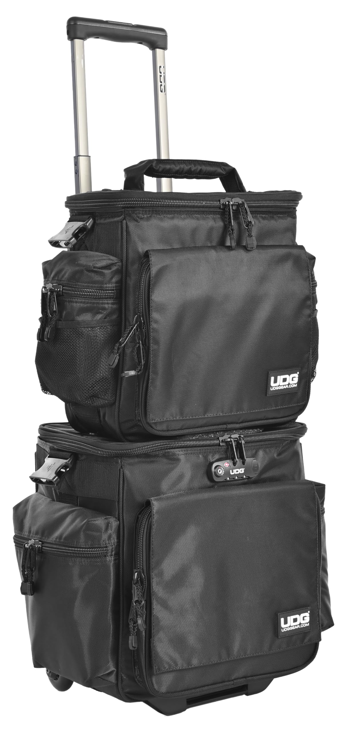 UDG Ultimate SlingBag Trolley Set Deluxe Schwarz MK2, Orange innen (U9679BL/OR) | Wasserabweisendes Nylon; gepolsterter Schultergurt; Inline-Räder; Organizer-Fächer; für Vinyl und Zubehör
