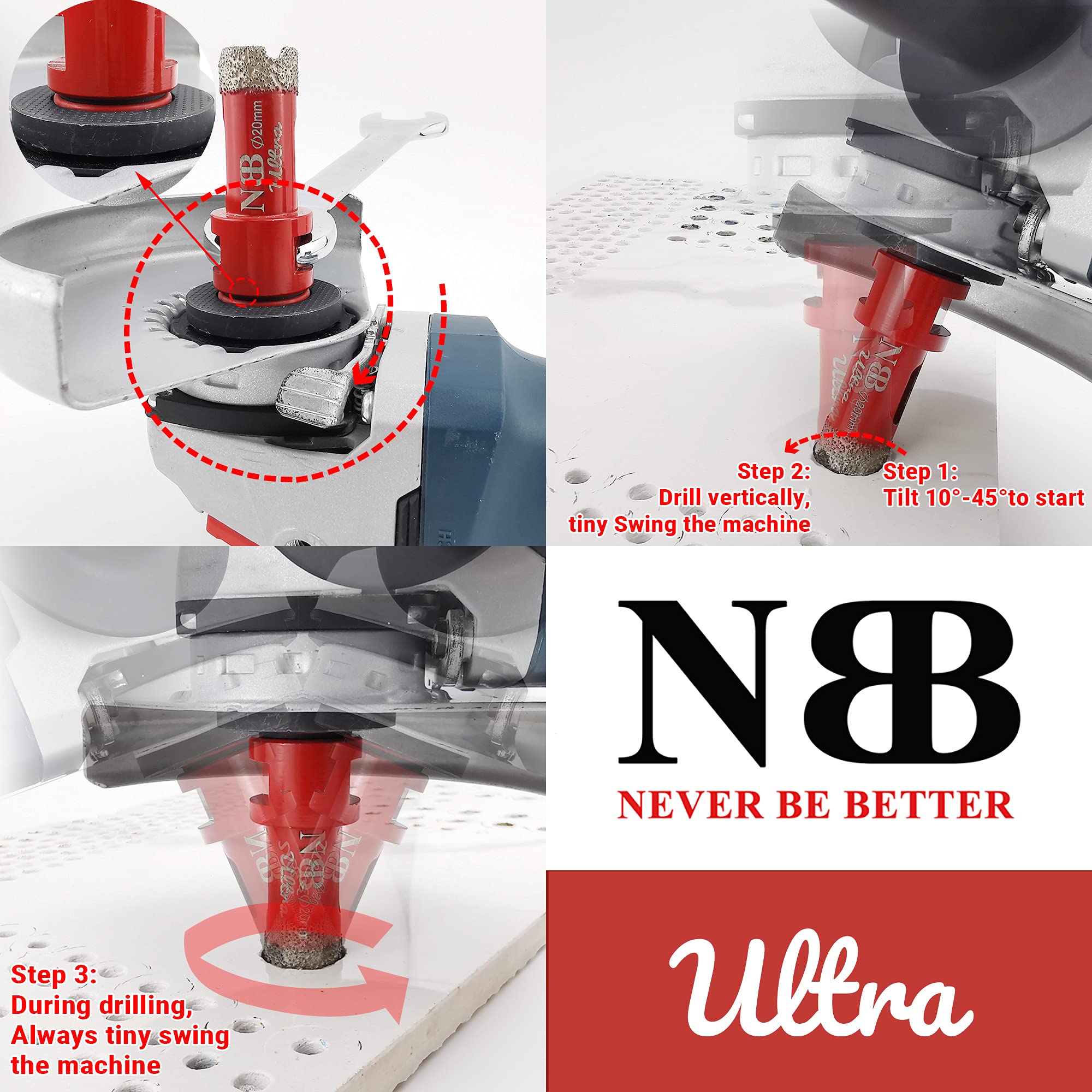 NBB Broca de diamante ultra calidad con M14, corona diamante para taladrar en seco y en húmedo en porcelana dura, cerámica, baldosas, granito, mármol, azulejo, para Amoladora Angular (1, 28mm)