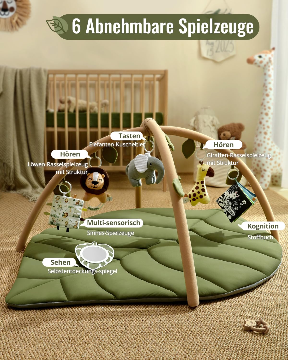 Blissful Diary Spielbogen Baby, Übergroßes Blattförmiges Spieldecke Baby Gym Activity Decke mit 6 Abnehmbare Spielzeuge, krabbeldecke Unverzichtbare Babygeschenke, Waldgrün