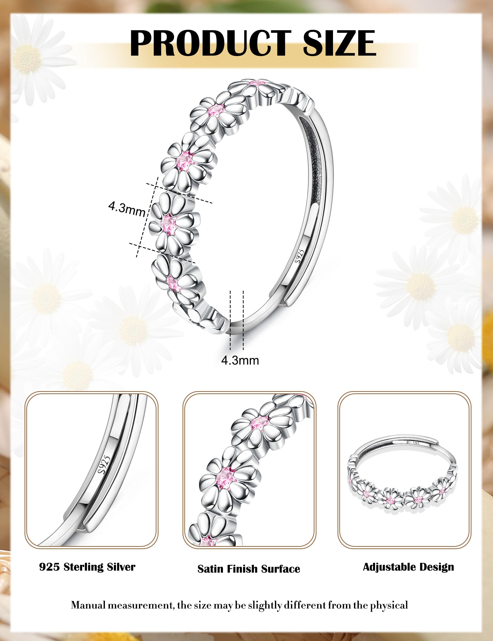 MILACOLATO Anillos Mujer Plata de Ley 925 Anillo Margarita Amarillo/Rosa Circón Cúbico Anillo Abierto Ajustable Anillo Delicado Declaración Anillos de Dedo Anillo de Plata Pulgar para Mujer Chica