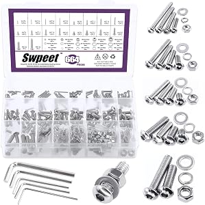 Swpeet 664Pcs M2 M3 M4 M5 M6 Metric 304 Stainless Steel Button Head Hex Socket Head Cap Bolts Screws Nuts and Hex Nuts with Flat Washers and Split Lock Washers Assortment Kit, Screws All Included