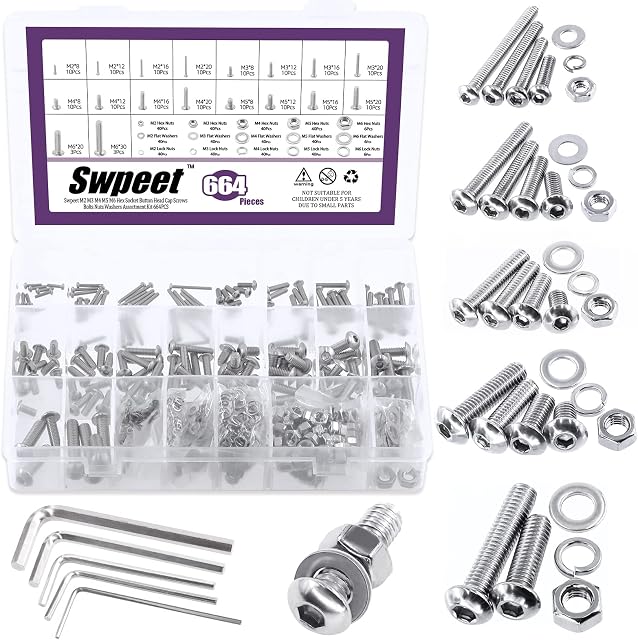 Swpeet 664Pcs M2 M3 M4 M5 M6 Metric 304 Stainless Steel Button Head Hex Socket Head Cap Bolts Screws Nuts and Hex Nuts with Flat Washers and Split Lock Washers Assortment Kit, Screws All Included