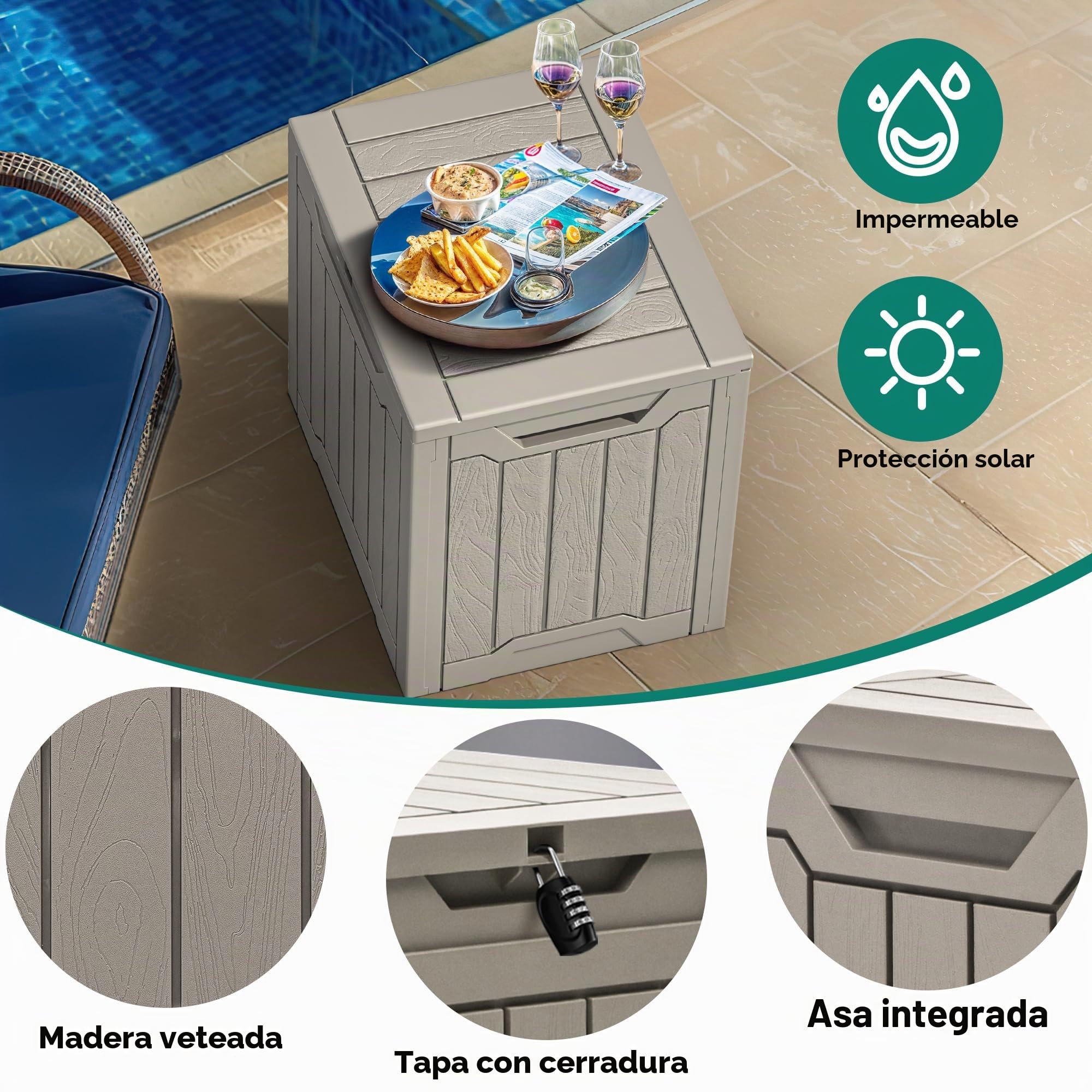 YITAHOME Caja de almacenamiento de resina para exteriores, 31 galones, resistente al agua, caja de almacenamiento para exteriores, para almohadas, equipo de jardín, con cerradura segura, marrón claro