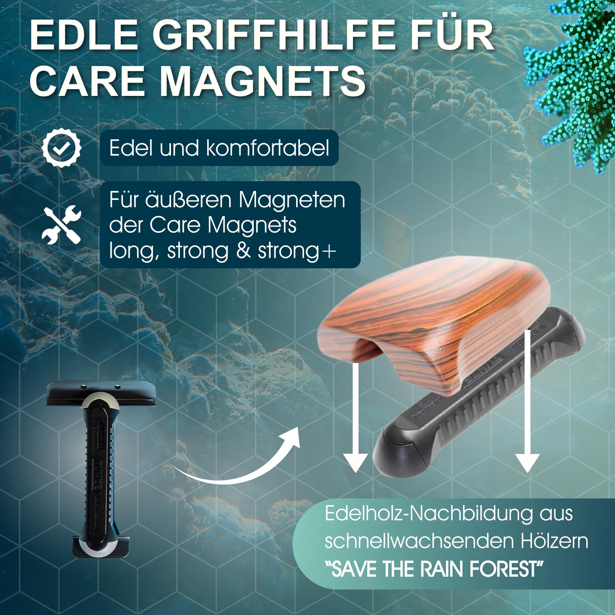 TUNZE Premium Care Booster Palisander I bequeme Griffhilfe für Care Magnet I Scheibenreiniger mit abgerundeten Klingen & stark minimierter Kratzgefahr