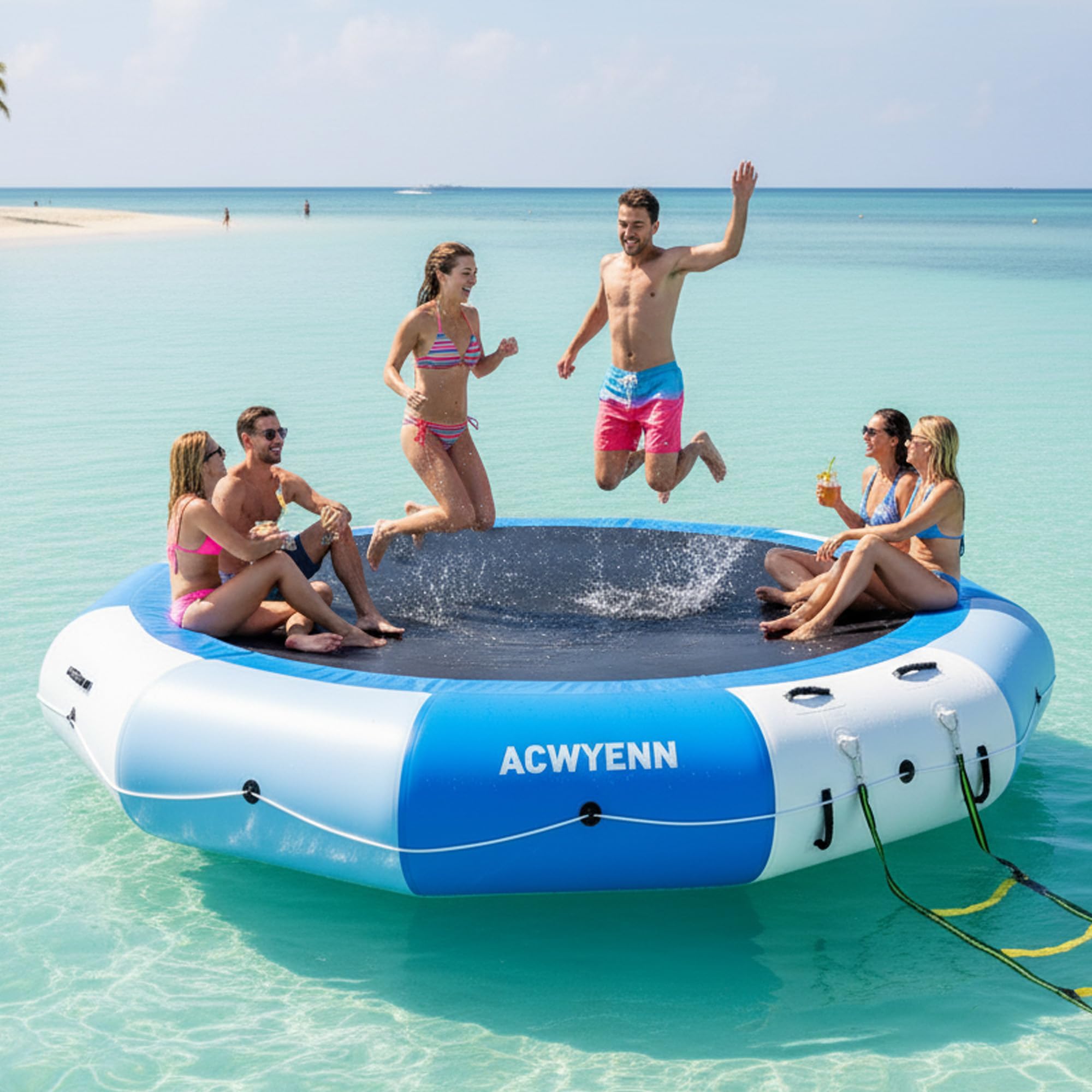 Photo 1 of ***RECOMENDED FOR PARTS HAS MANY HOLES THAT WILL NEED PATCH WORK IN ORDER TO INFLATE*** ACWYENN 10/12/15FT Inflatable Water Trampoline for Lake, Floating Water Trampoline with Rope Ladder and Mooring Ropes Without Pump Blue (15FT Blue-White)