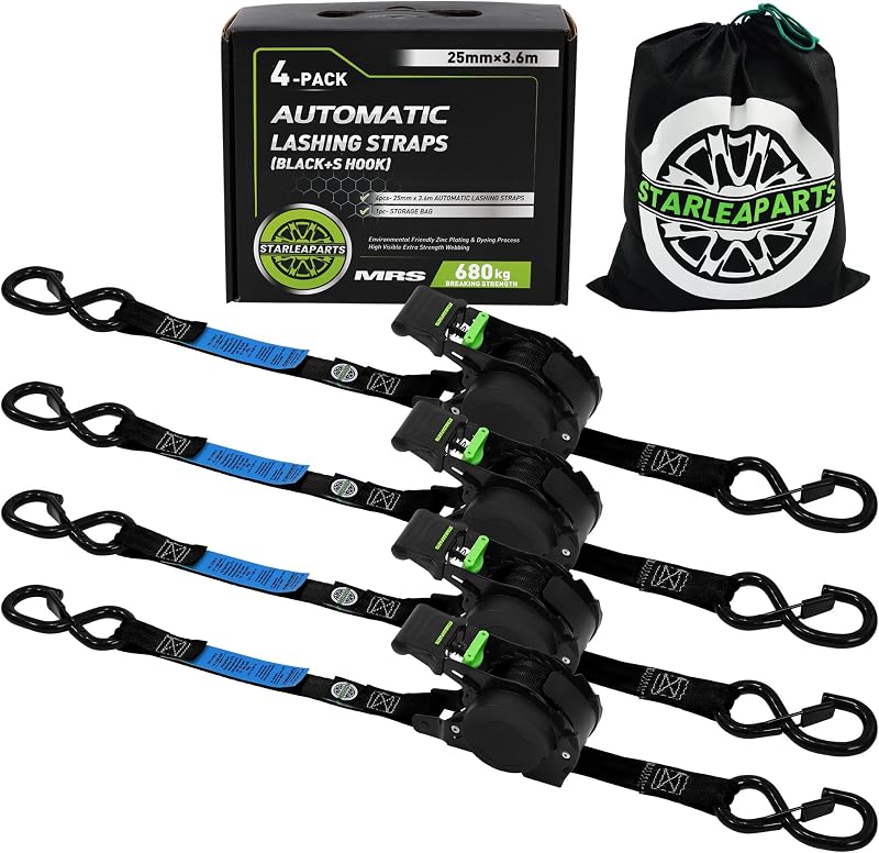 StarLeaparts 4db Automatikus Spanifer S-horoggal 3.6m x 25mm 340kg Fekete - 4 Stück S-Haken, black