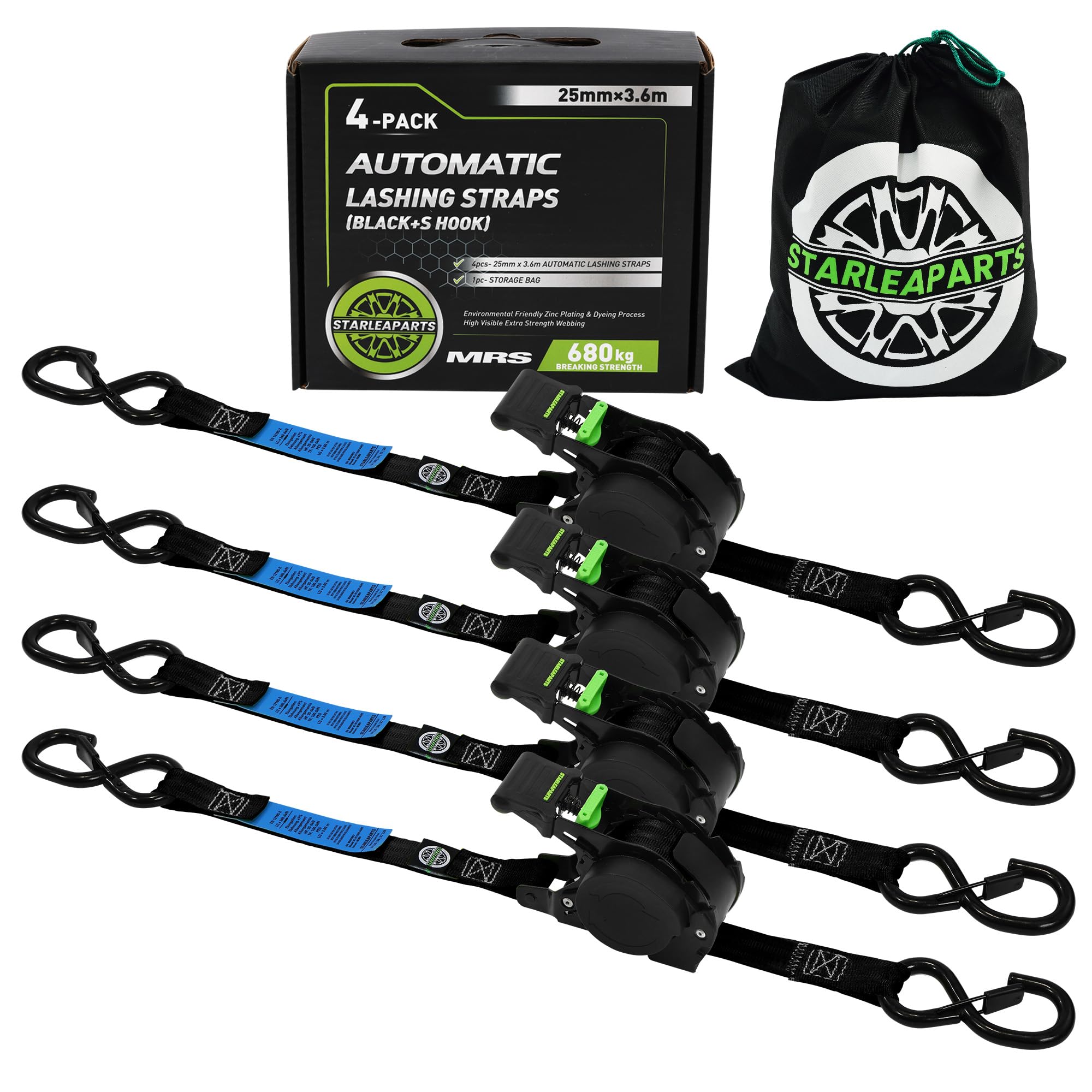 StarLeaparts 4 Stück Automatik Spanngurt mit S Haken, Automatischer Spanngurtaufroller 3,6 m x 25mm, 340KG/680KG, Einziehbare Spanngurte mit Ratsche für Motorrad, Kajak und LKW, Schwarz