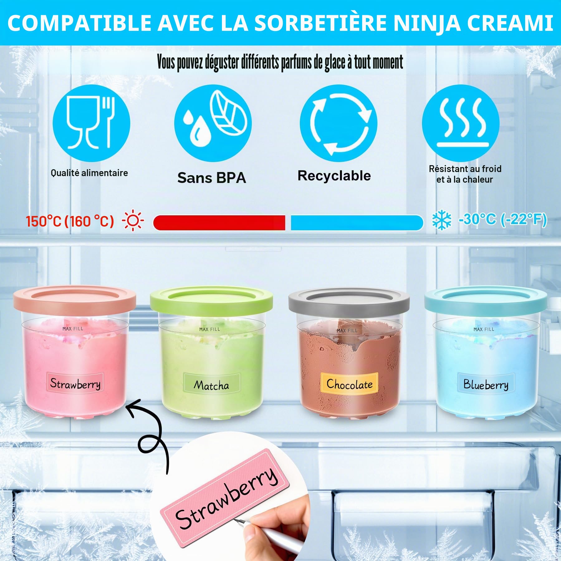 4 Pièces Bacs à Crème Glacée Ninja Creami,Accessoires Pour Machines à Glace Pour la Série NC301 NC300 NC299AMZ, Sans BPA, Accessoires pour Ninja Ice Creami Maker Et Lavables Au Lave-Vaisselle