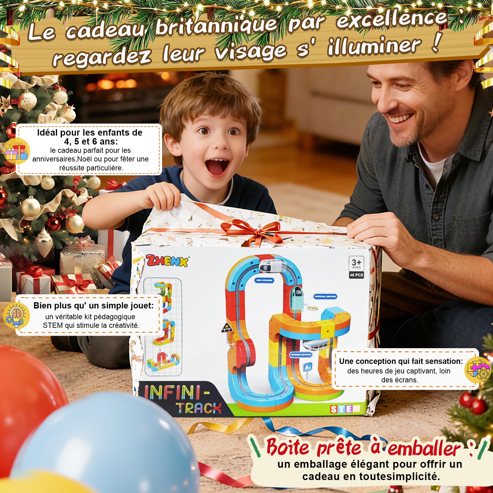Train Électrique Enfant - Circuit Cube Track avec 3D Rail Magique, Jeu de Construction STEM pour Garçons et Filles 3 Ans+ (Design Anti-Gravité) (Édition Gravity (48 pièces / 34 Circuits))