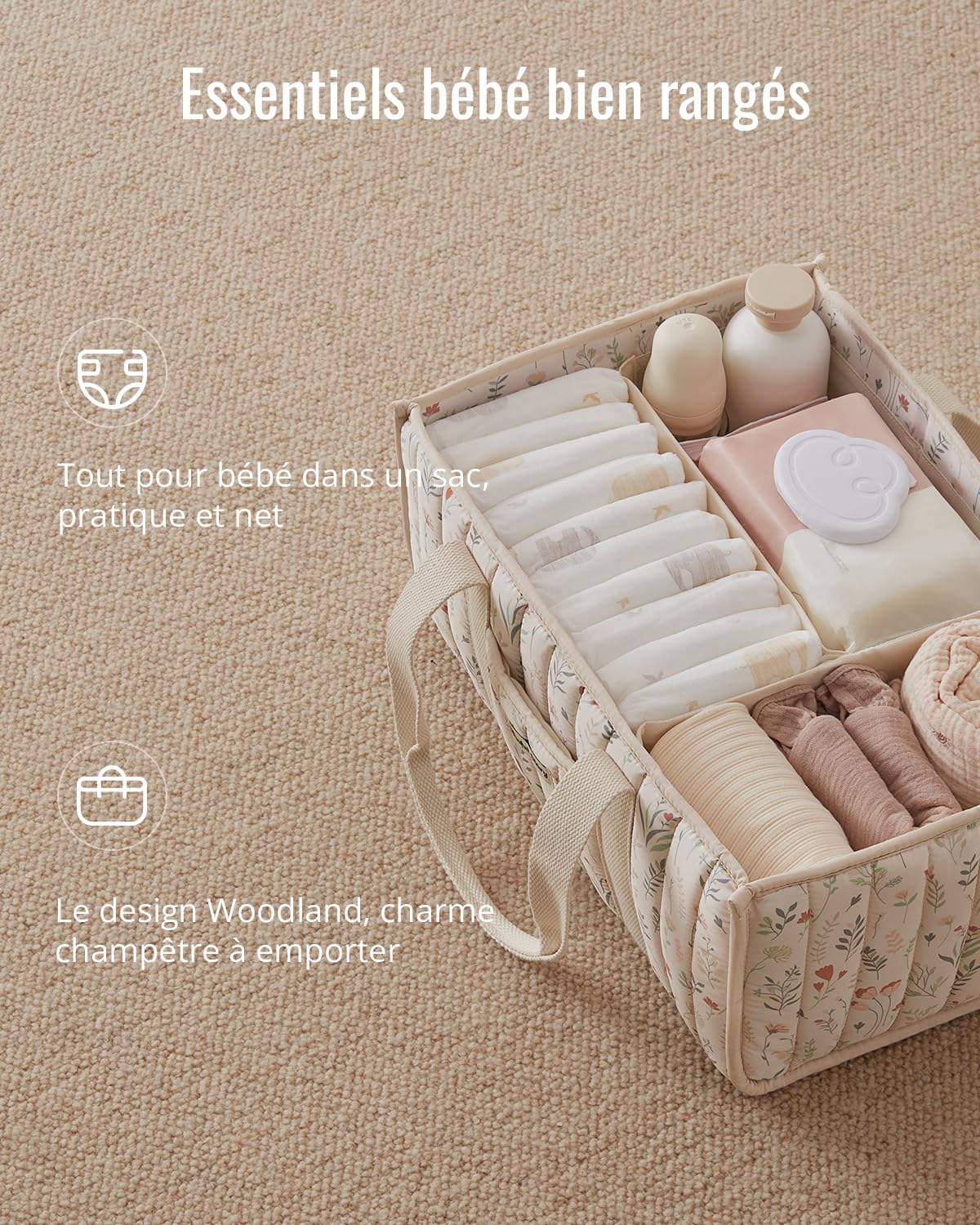 Blissful Diary Panier Rangement Bébé, Organiseur de couches pour Table à Langer, panier de rangement pour couches et lingettes pour bébé, cadeau pour fête prénatale, Fleurs Beiges