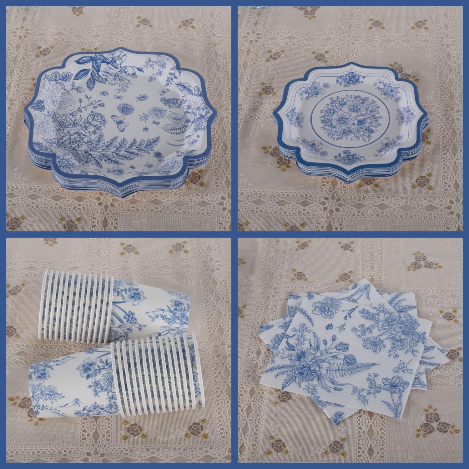 Stoviglie eleganti in cartone blu e bianco per 30 ospiti – Piatti, Asciugamani e Tazze – Tè, Compleanni