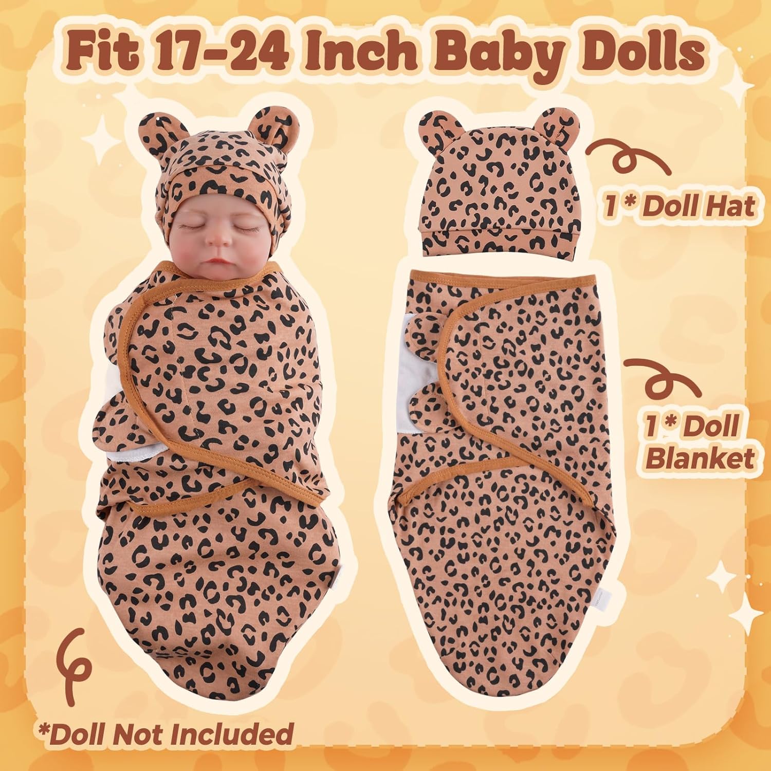BABESIDE Reborn Baby Doll Accessories Clothes - Swaddle Blanket with Leopard Print and Hat for 17-24" Baby Doll, Pretend Play Gift for Kids