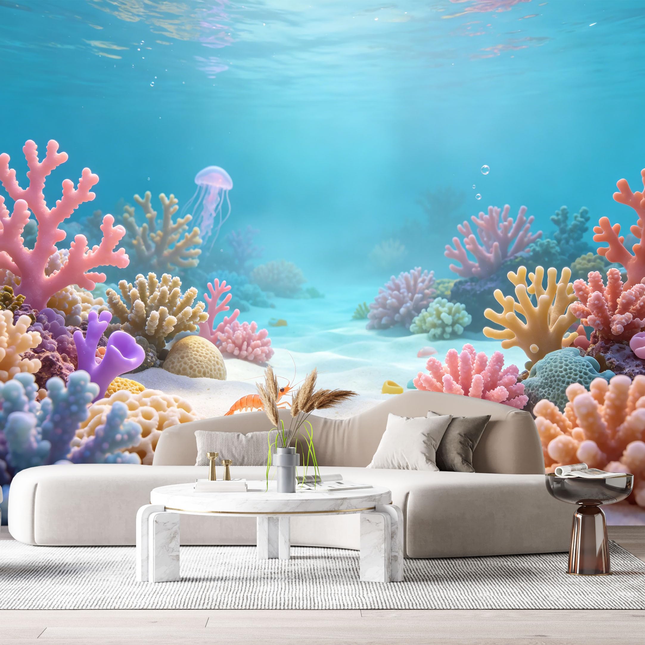 Custom Size Wall Murals Ocean Marine Watercolor Coral Reef Jellyfish SelfAdhesiveWall Fabric Removable Wallpaper Wall Decor for Living Room Bedroom Bathroom