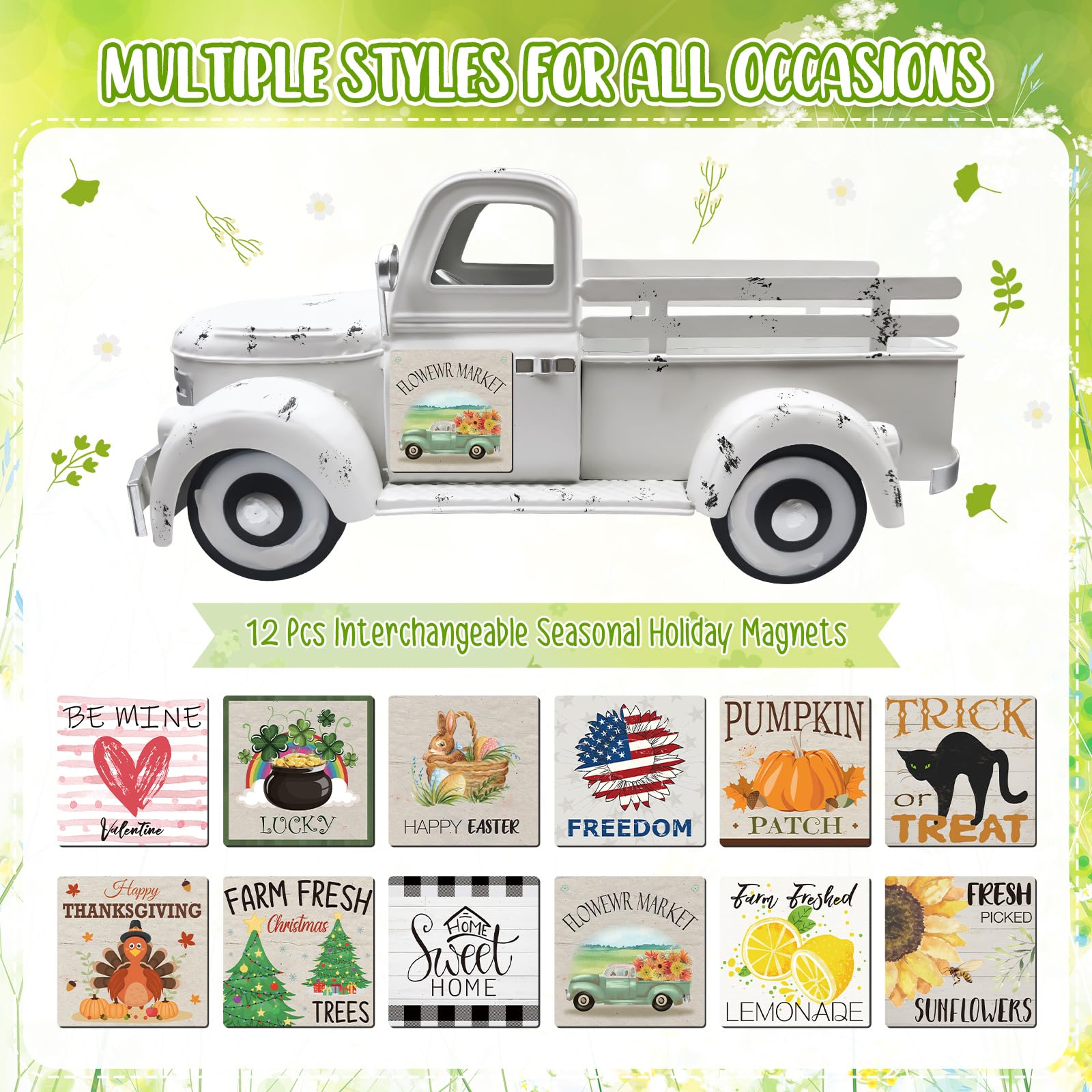 Macetero de 34cm para Coche, Camión de Metal Decorativo con 20 Imanes de Temporada para Casa, Decoración Centro de Mesa Versátil para Jardín, Balcón, Cocina, Adornos Salon, Escaparate o Terraza