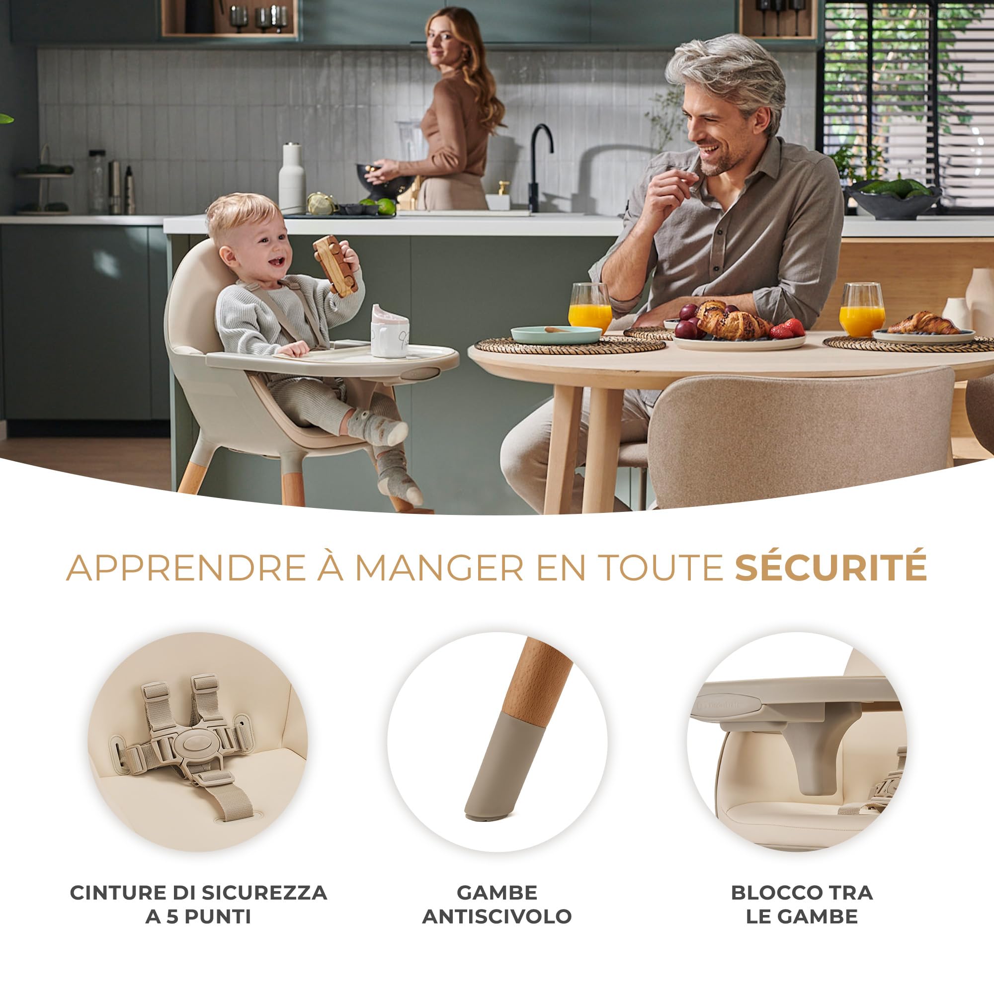 Kinderkraft FINI 2 Seggiolone Pappa 2 in 1, Rialzo da Sedia, Poggiapiedi Vassoio Regolabile, per Bambini da 6 Mesi fino 5 Anni, Beige