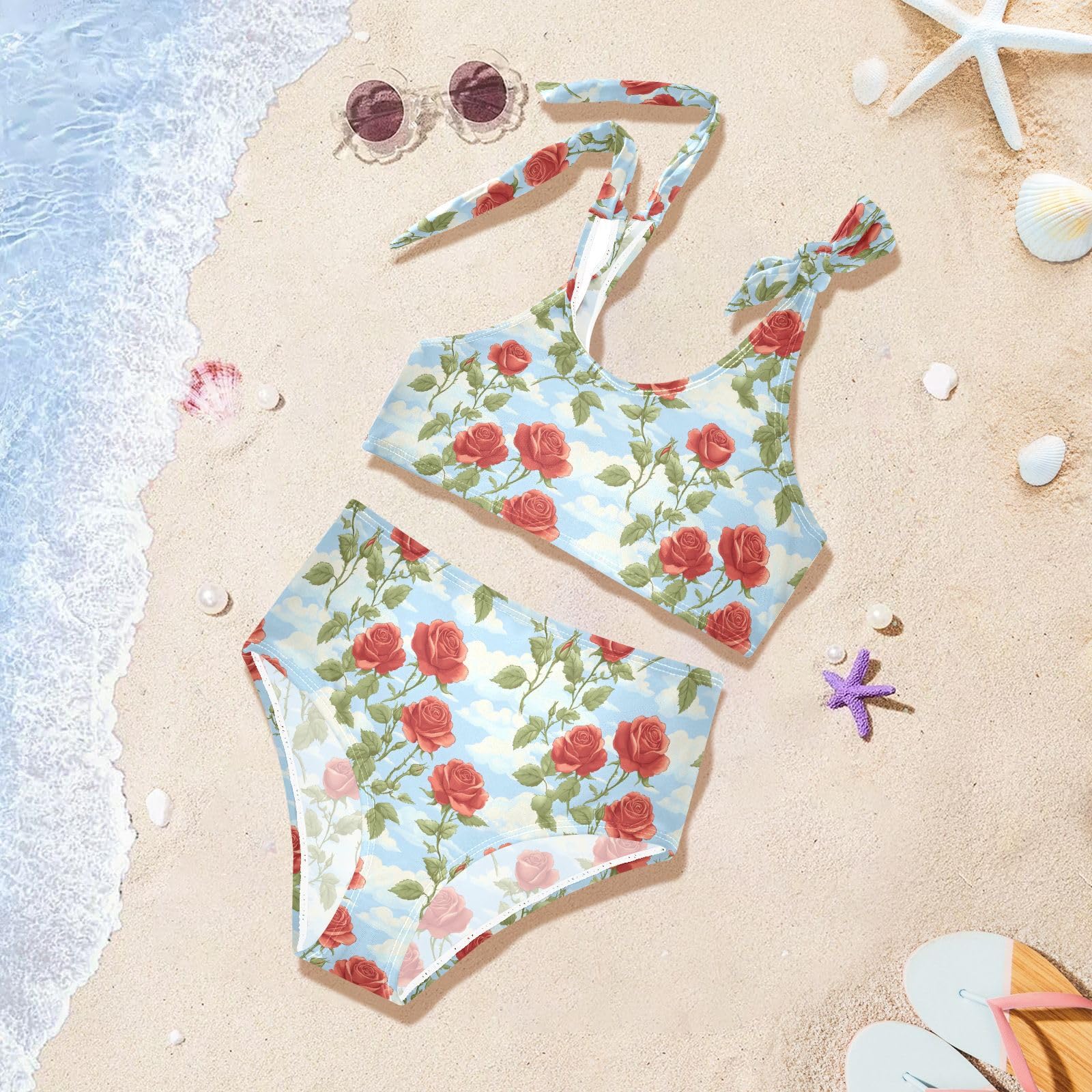 Red Rose with Green Leaves Girls Two Piece Tankini Swimsuits Summer Bathing Suit Beach Swimwear Set, 4T