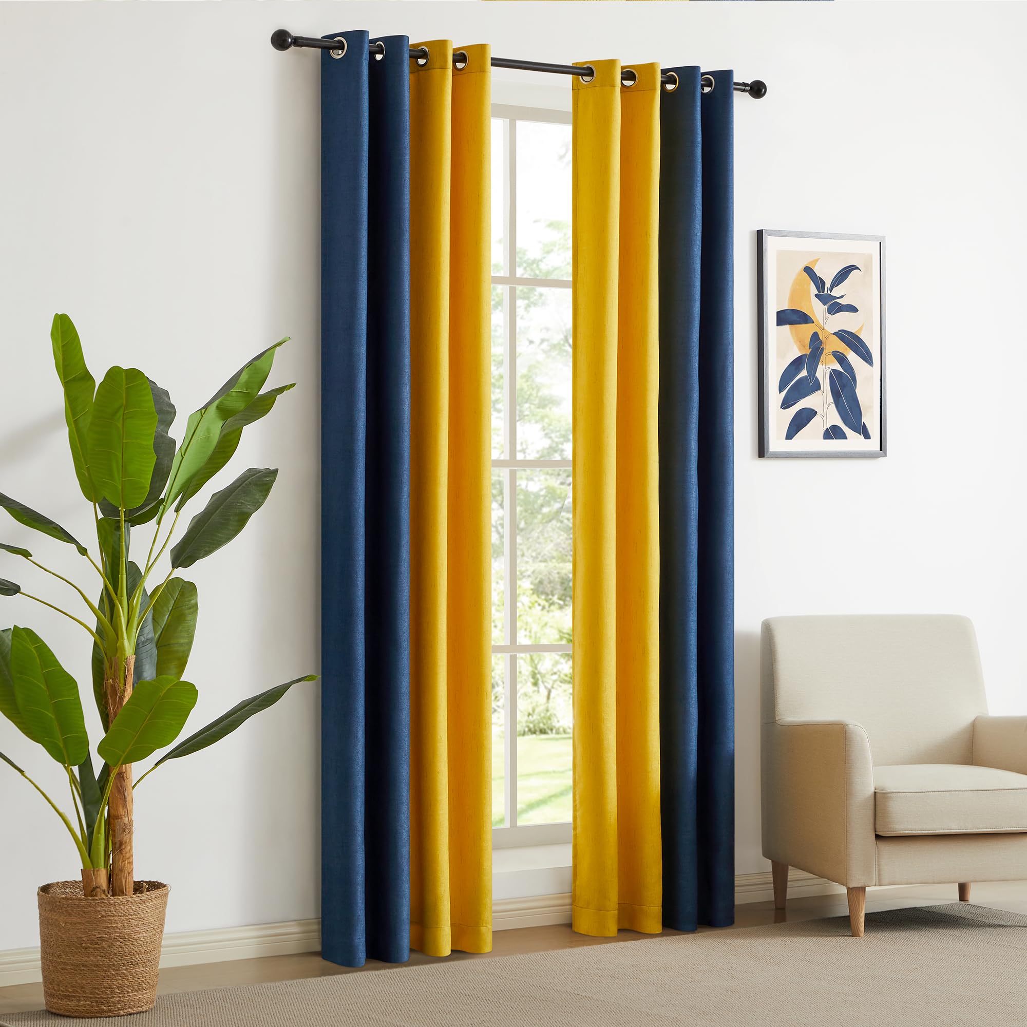 PRIMROSE Lot de 2 Rideaux occultants en Lin à Isolation Thermique avec œillets pour Salon, Chambre à Coucher, Bleu Marine, Jaune, 274,3 cm de Long