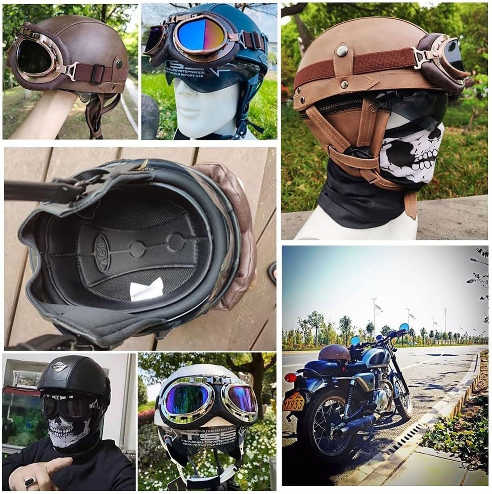 Casque Moto en Cuir Vintage avec Lunettes ECE Homologué Casque de Pilote Rétro Casque Scooter Homme Femme Demi Casque Coupe-Vent Casque pour Moto Vélo Scooter Équitation etc(3,L(59~60CM))