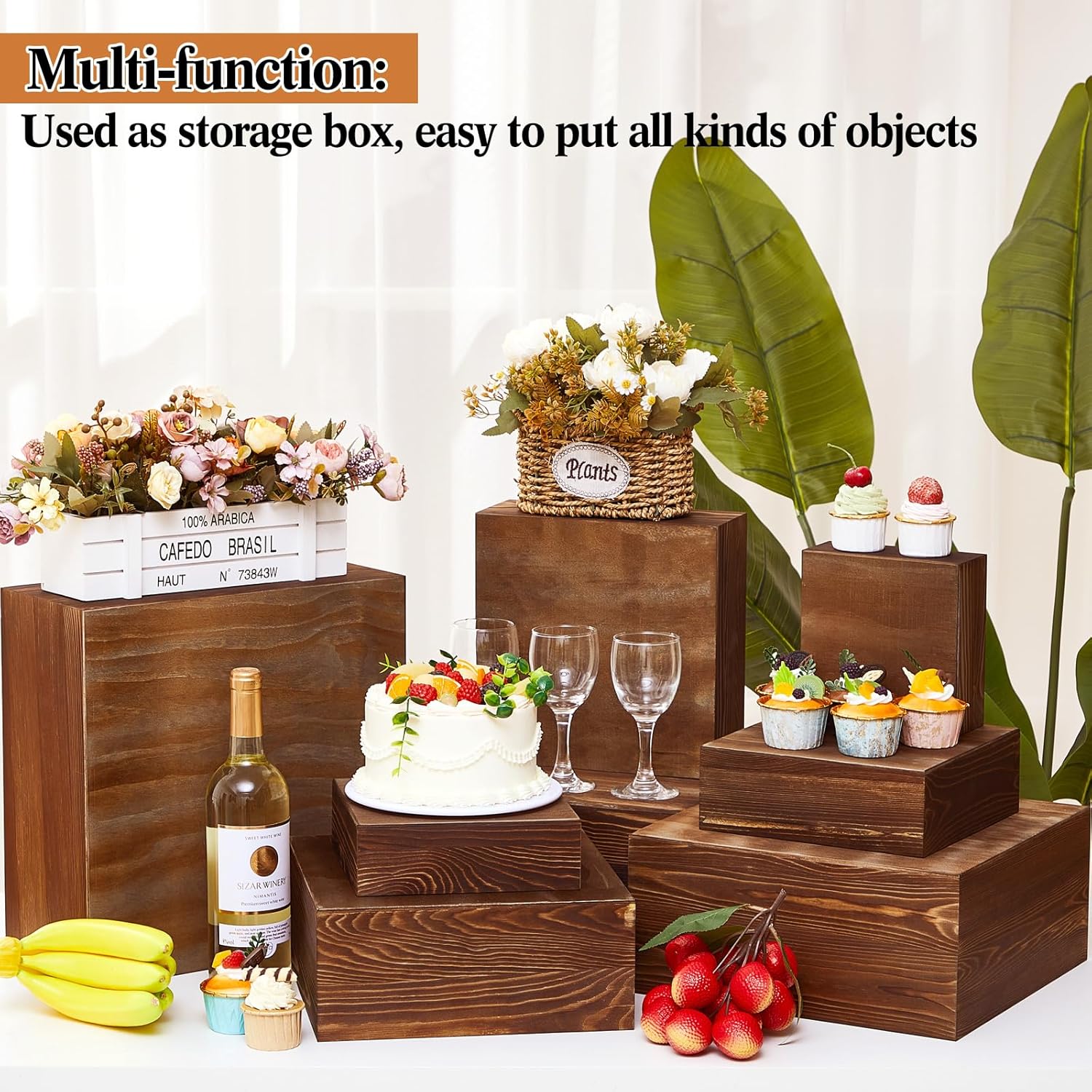 Barydat 8 Pcs Large 13.7" Wood Risers Display Stands Rustic Square Cupcake Stand Food Risers Stackable Display Box for Buffet Table Dessert Food Birthday Wedding Party(Black Brown)