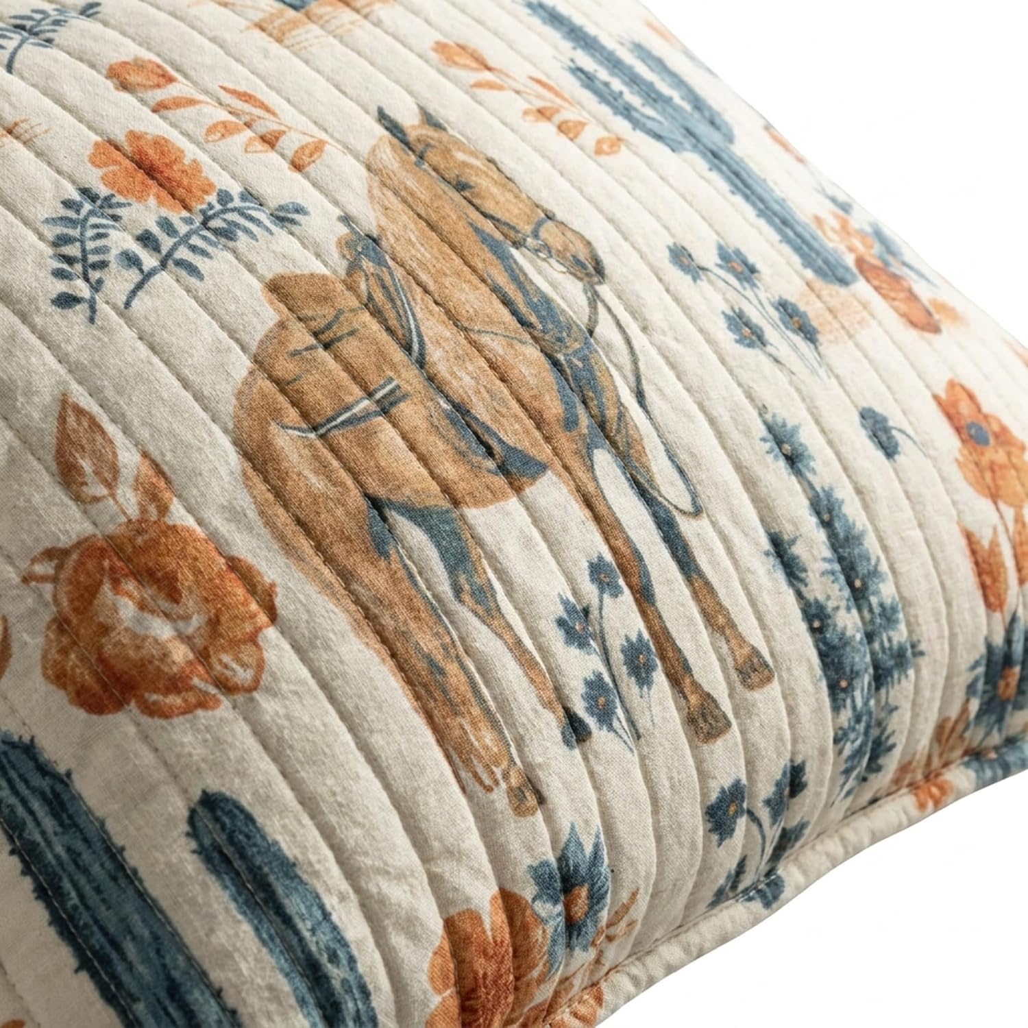Rod's True Western Goldie Standard Sham - Cotton Pillowcase with Horse, Cacti and Desert Rose Pattern, Reversible Aztec Diamond Design, Cream, Blue, Brown, Rust, Terracotta - 26" x 20"