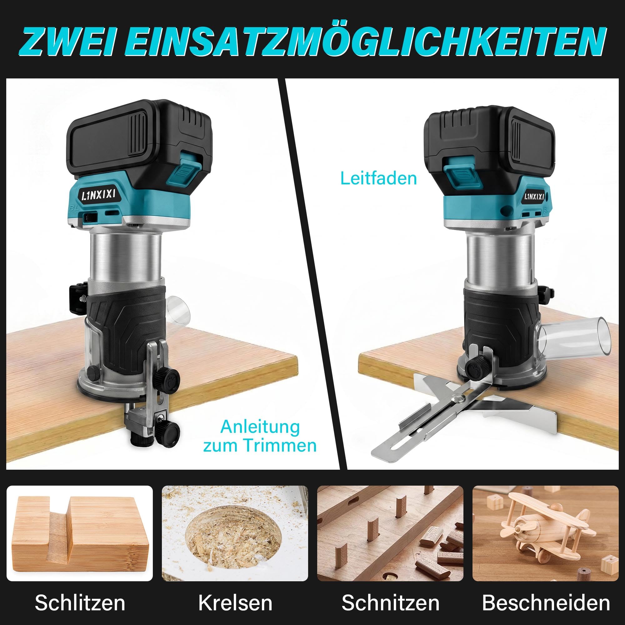 Akku Oberfräse für Makita 18V LXT Akku, 800W Bürstenloser Oberfräse mit 5 Geschwindigkeiten, MAX.30000 U/min, Akku Kantenfräse Einhandfräse mit 1/4" Fräser (ohne Akku)