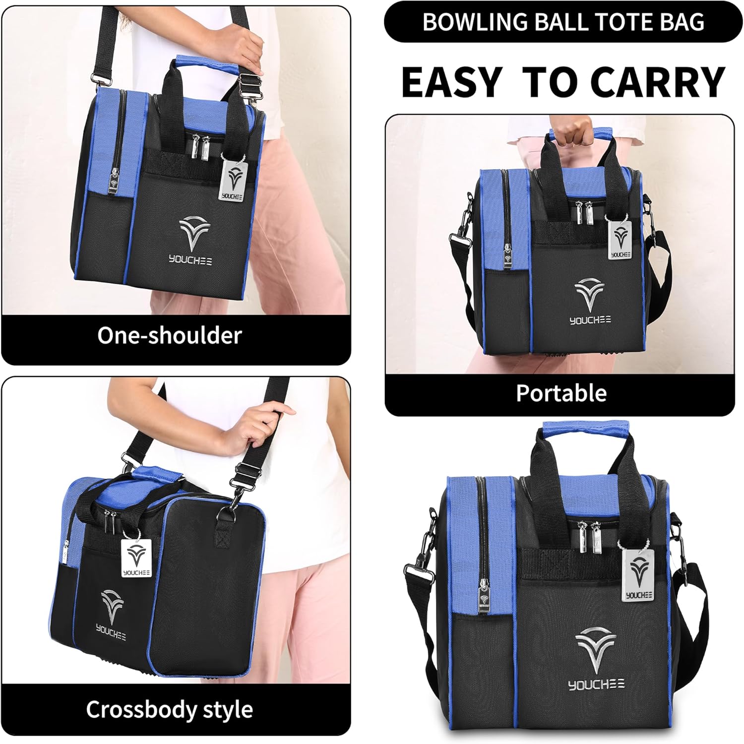 Single Ball Bowling Tote Bag with Padded Ball Holder, Fits Bowling Shoes Up to Men’s Size 14, Durable Full-Size Bowling Bag with Accessory Pockets for Practice & League Play