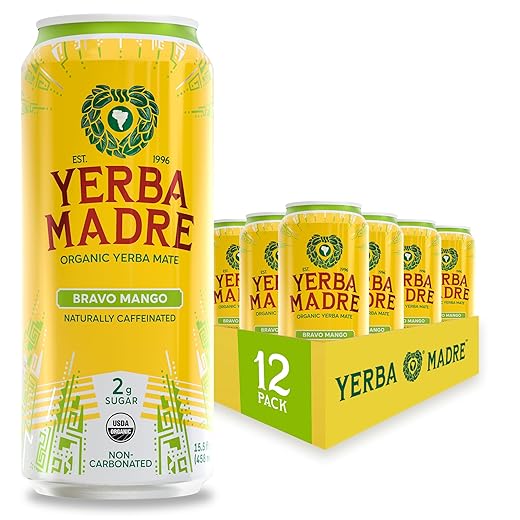 Yerba Madre Organic Yerba Mate, Energy Drink Alternative, Bravo Mango, Low Sugar, 150mg Natural Caffeine, Better for You Energy & Focus, No Jitters or Crash, 15.5 Oz (Pack of 12)