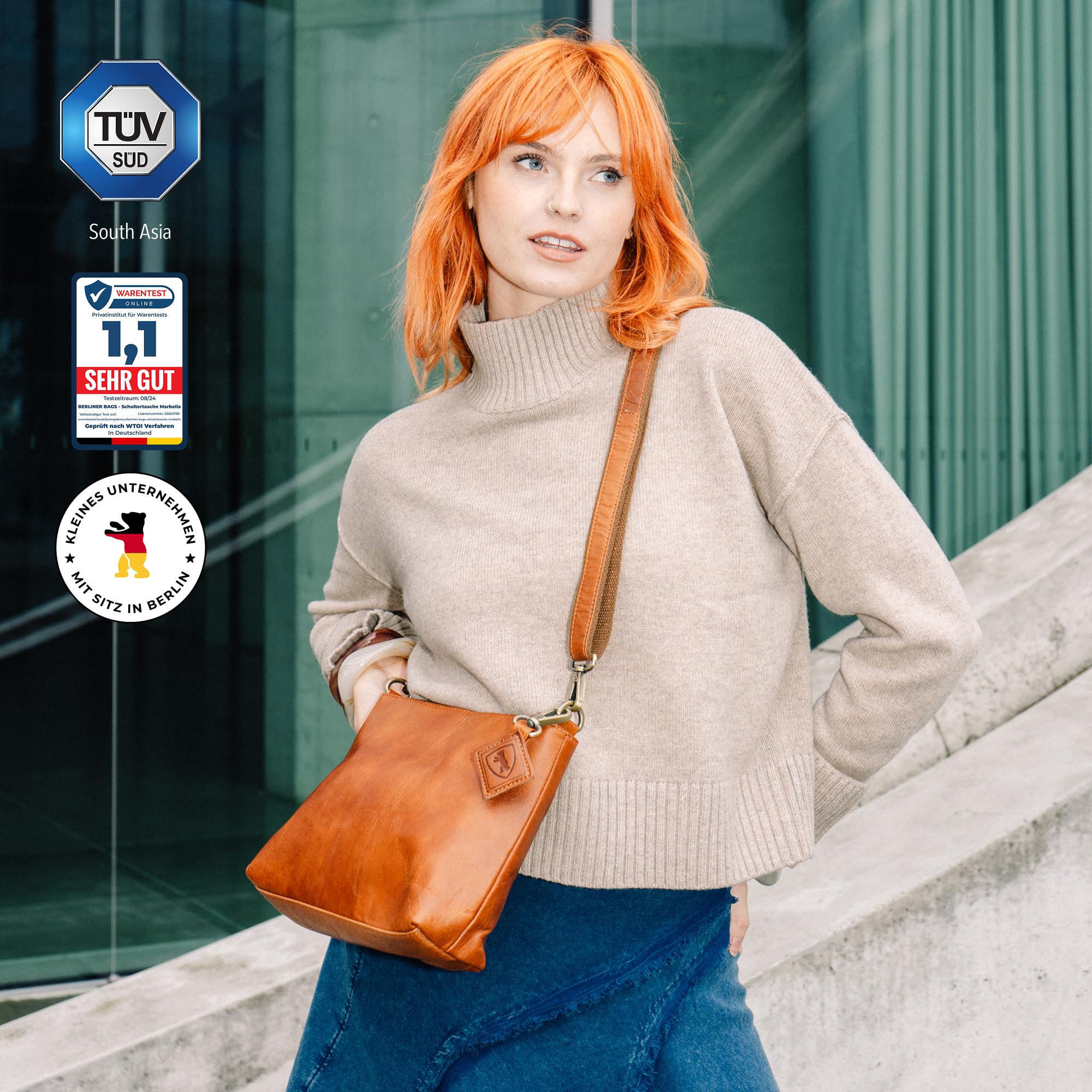 Berliner Bags Vintage Umhängetasche Marbella S, Mittelgroße Schultertasche Crossbody Bag aus Leder, Handtasche für Damen