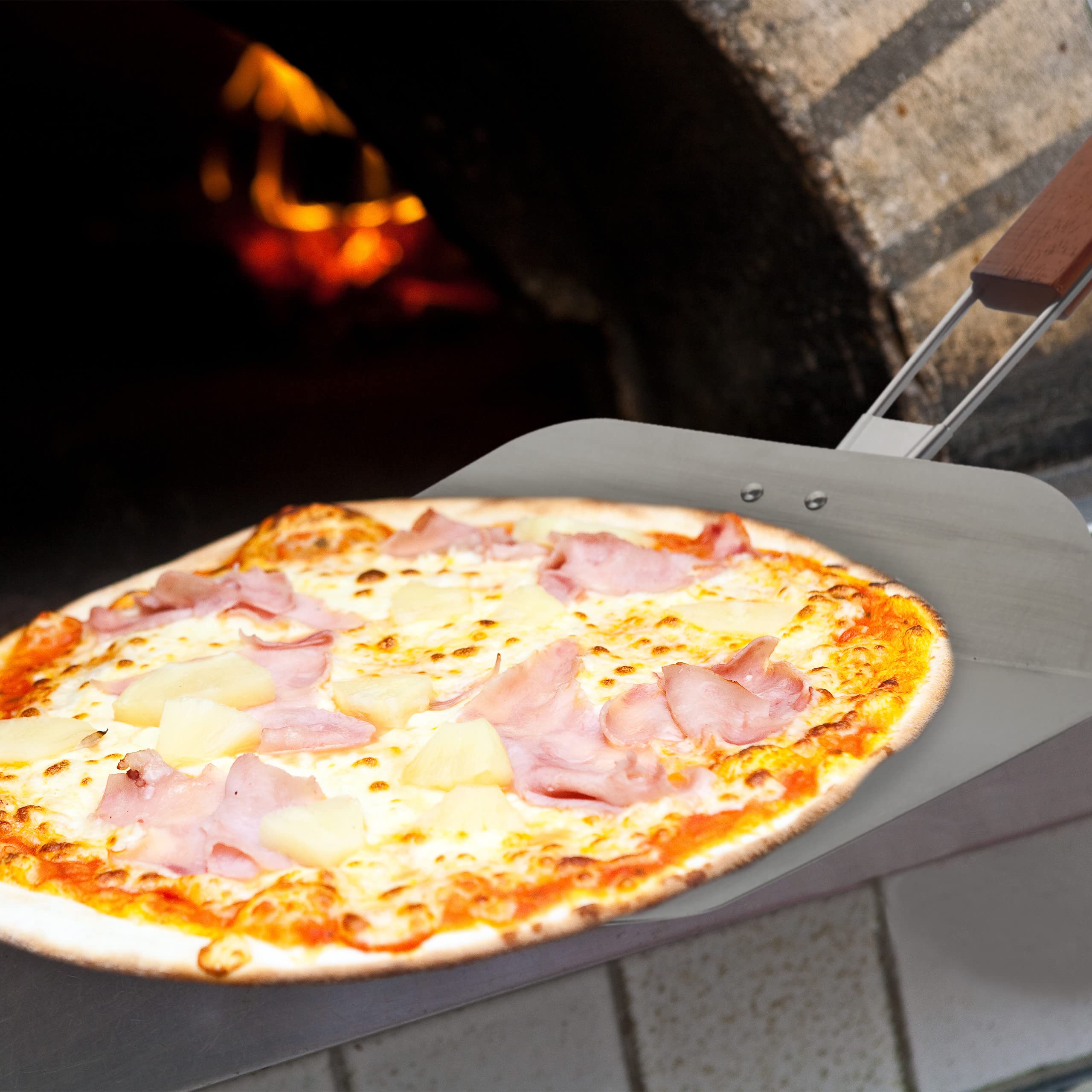 Relaxdays Pelle à Pizza avec poignée en Bois, tartes flambées, Pain, Pliant, L x P : 24 x 25,5 cm, INOX, Brun/argenté