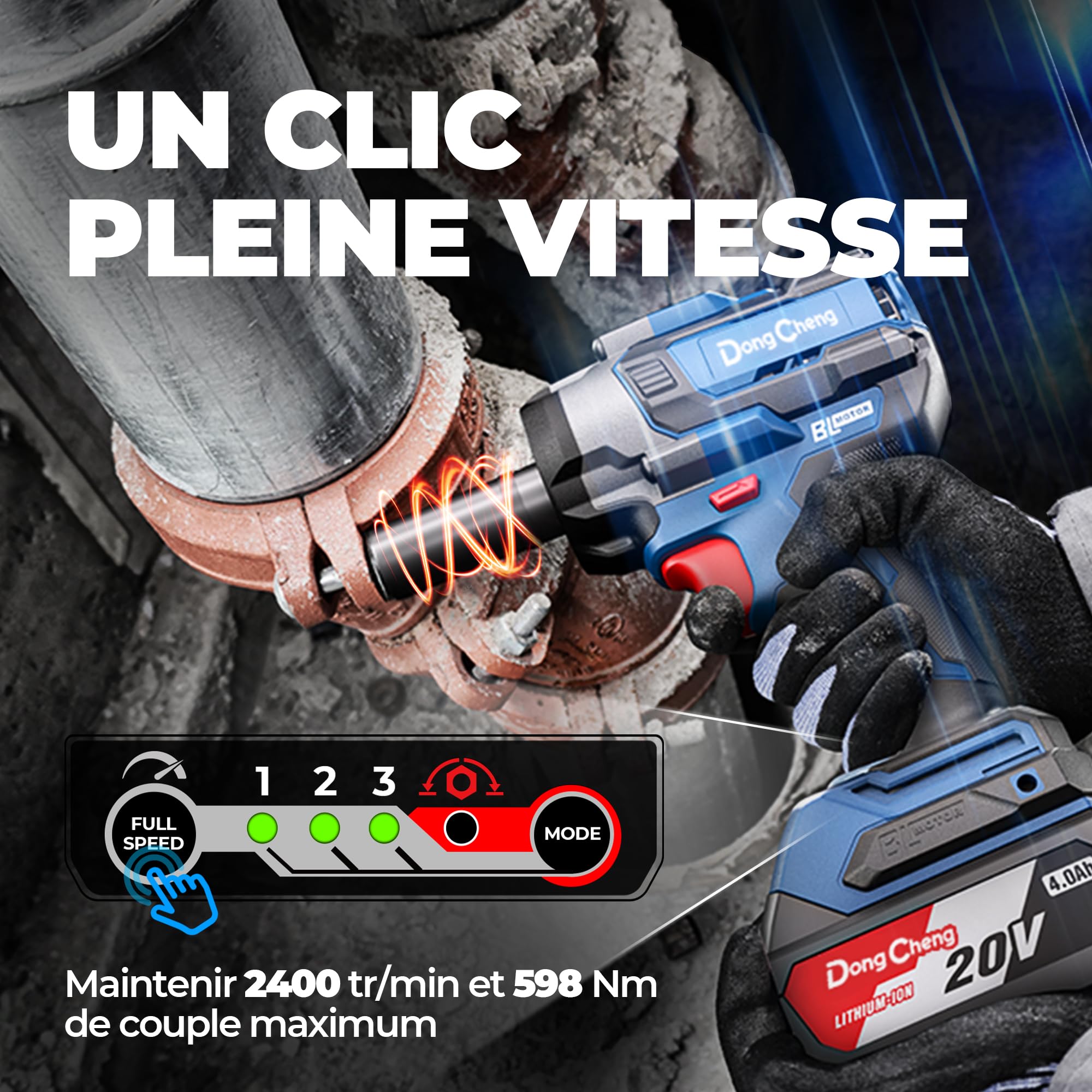 DongCheng Clé à Chocs Sans Fil Sans Balais, 20V, 4,0 Ah Li-ion, 800 Nm, 4 vitesses, avec douilles 17‑24 mm et lumière LED, pour le changement de pneu, la mécanique automobile et le chantier