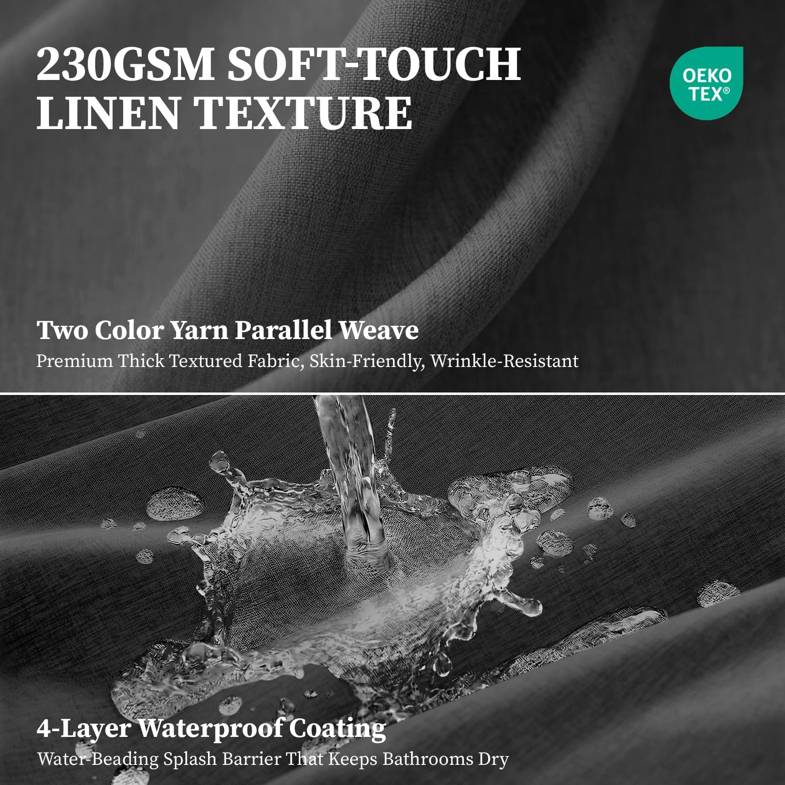 BTTN Rideau de douche de 198 cm de long, ensemble de rideaux de douche en tissu texturé épais et lin gris avec 12 crochets, rideaux de douche neutres pour hôtel imperméables en polyester pour salle de