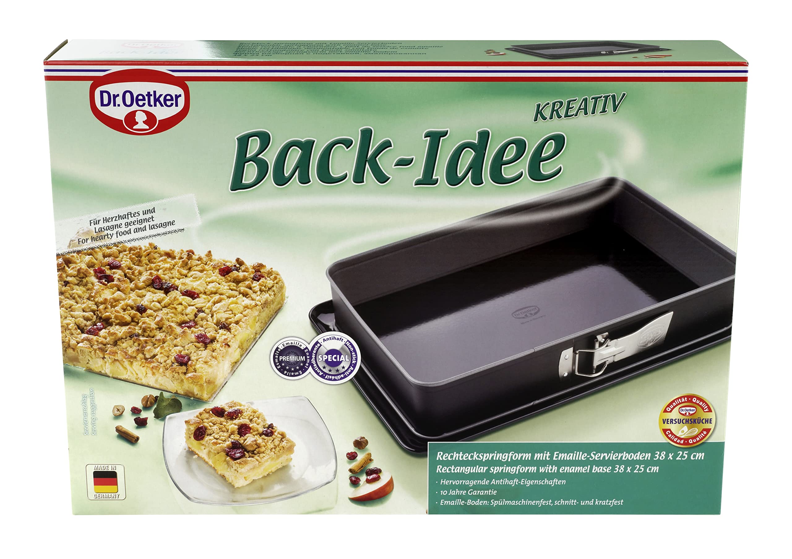 Dr. Oetker Rechteckige Springform mit Emaille-Servierboden, 38 cm, Back-Idee – Antihaft-Beschichtung, schnitt- & kratzfester Boden, hitzebeständig bis 230°C, auslaufsicher