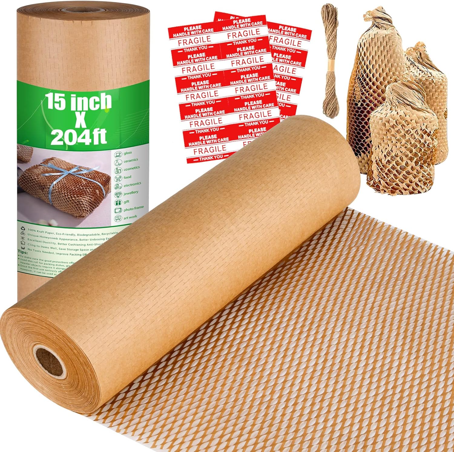 Honeycomb Packing Paper, 15" x 204' Recyclable Cushion Packing Paper for Moving Shipping Packaging Breakables, Eco Friendly Bubble Wrap Alternative Roll Kraft Honeycomb Paper with 20 Fragile Stickers