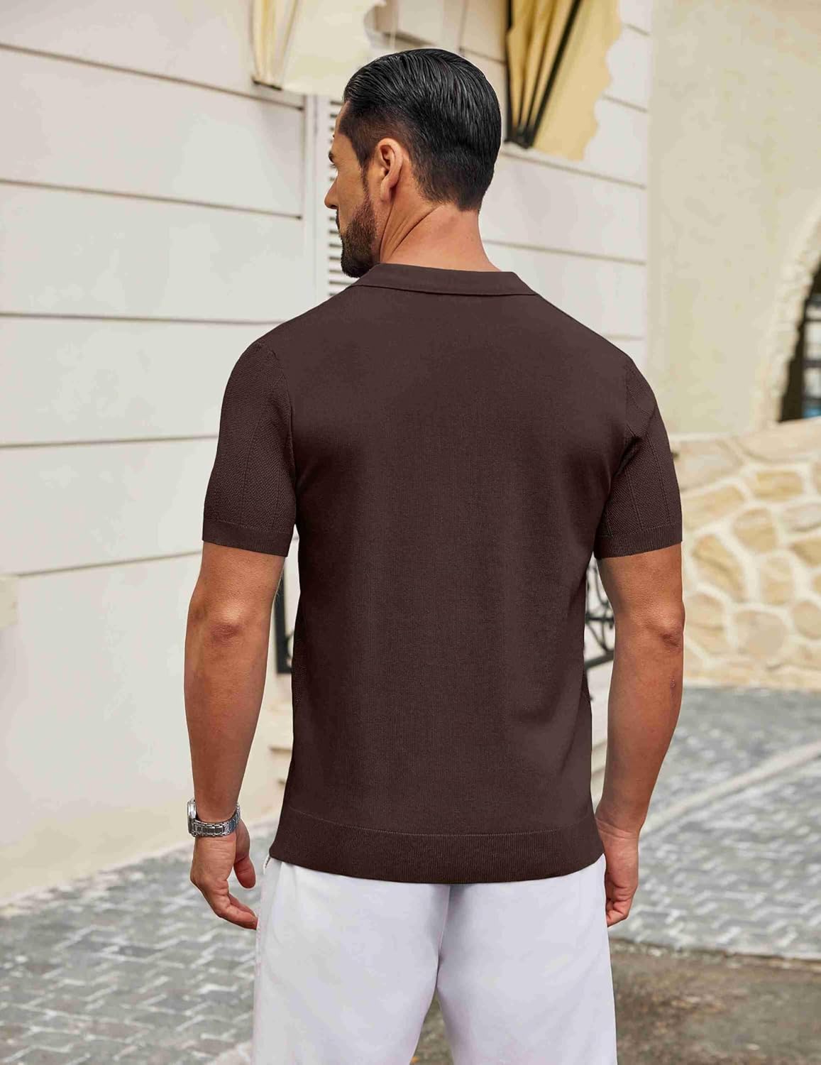 COOFANDY Mens Knit Polo Shirts V Neck Short Sleeve Ribbed Textured Polo Shirt Stretch Casual Golf Shirts Collared T Shirt - Image 5