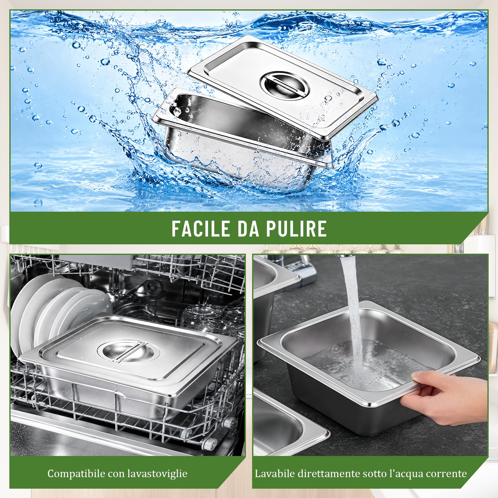 Set di 4 contenitori acciaio inox per alimenti GN 1/2, 26,5 x 32,5 x 10 cm, Contenitore Acciaio Inox per Alimenti con Coperchio, Impilabili, Adatti per Cotolette Carne Pesce Frutta Gelato Salsa