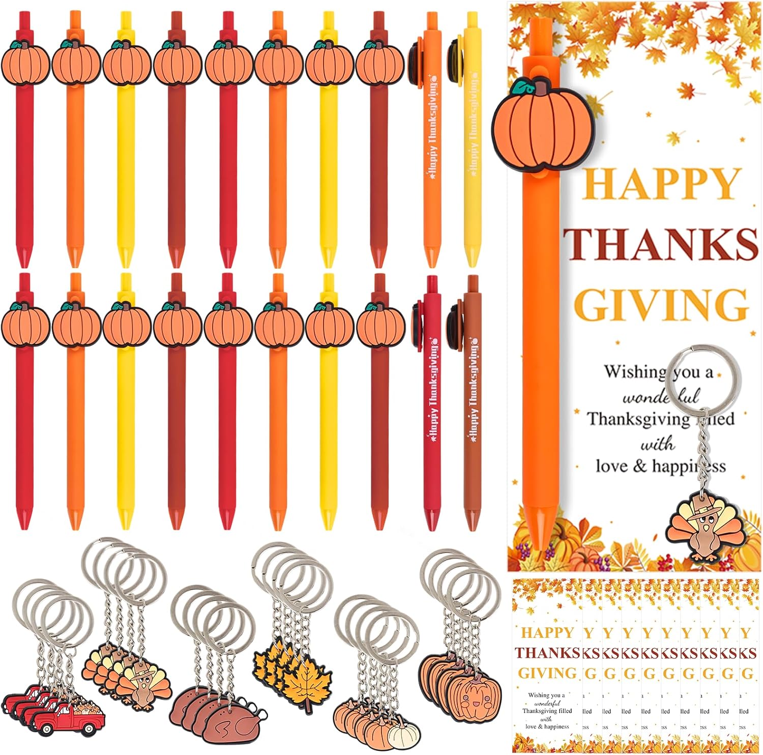 TLY 24 Sets Thanksgiving Gifts Bulk Fall Pens Thanksgiving Party Favors Ballpoint Pen Thanksgiving Keychains Greeting Cards for Guests Teachers School Office Supplies