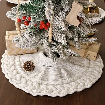 18 inch Christmas Tree Skirt Mini Tree Skirt for Pencil Tree, Braided Cable Knit Cream White Tree Skirt for 3ft Tree, Vintage Tree Skirts, Rustic Farmhouse Christmas Decorations