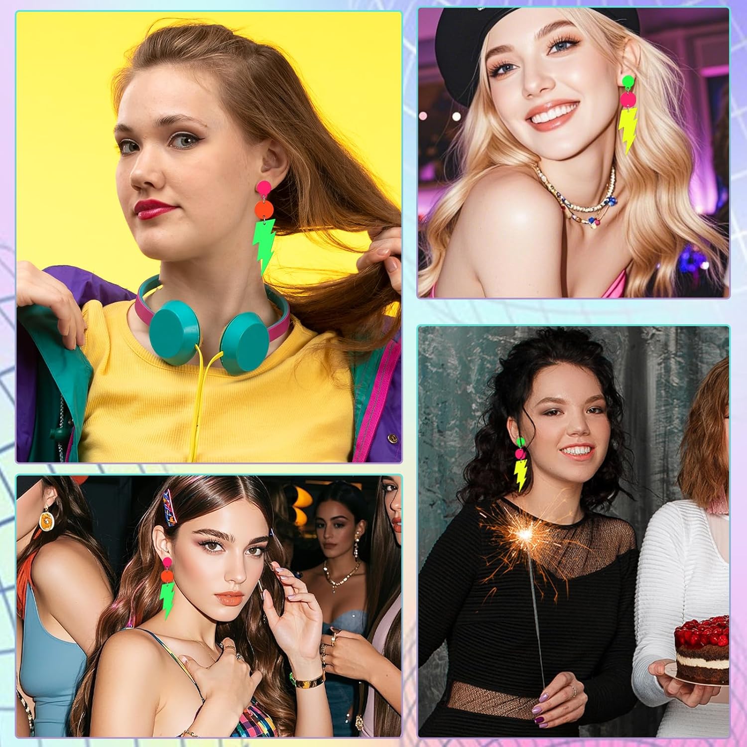 Neon Earrings for Women, 2 Pairs Acrylic Lightning Bolt Earrings, Retro Drop Dangle for 80s Theme Parties & Glow Nights (Yellow & Green) - Image 6