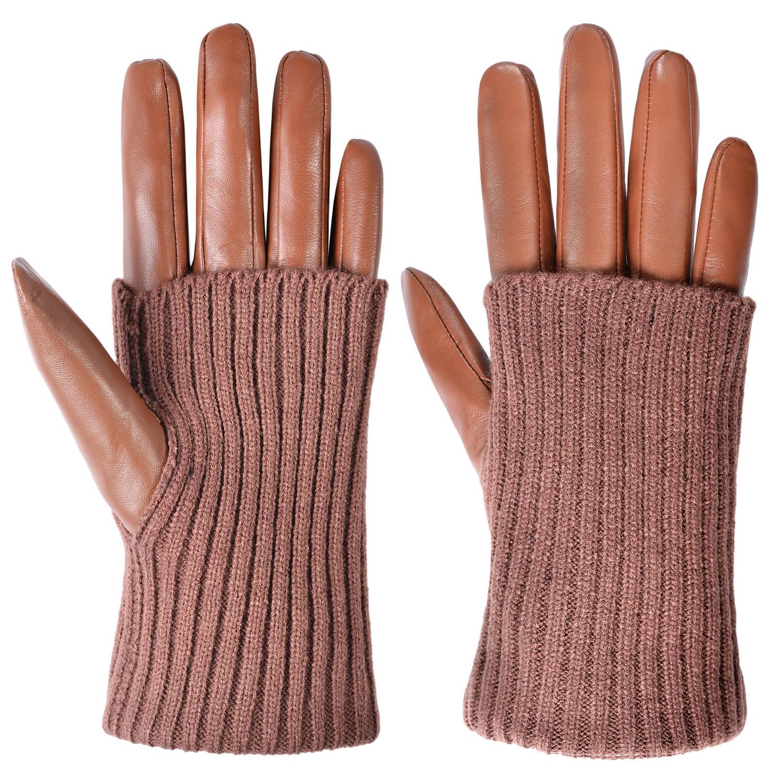 Harssidanzar Damen-Zweizweck-Winterhandschuhe aus Ziegenleder mit Acryl-Strickmanschetten und Kurzflausch-Futter CL001EU