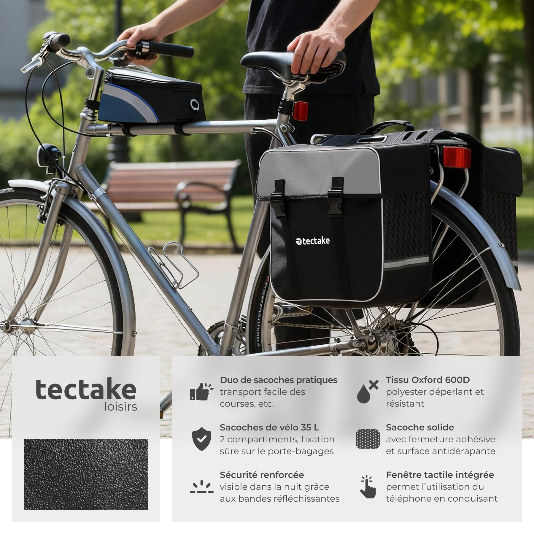 tectake® Ensemble Double Sacoche Velo Porte Bagages avec Bandes réfléchissantes et Sacoche de Cadre Support Téléphone Velo, Sacoches déperlantes pour Vélo électrique, Vélo, VTT, Cyclisme Sport Voyage