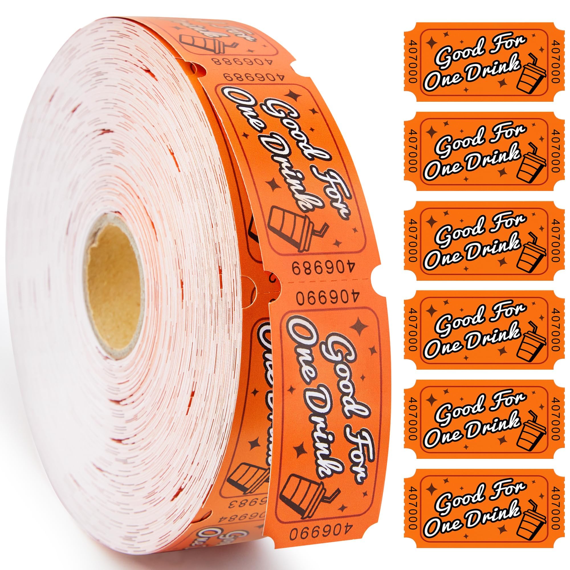 Drink Raffle Ticket Roll, Orange Single Roll Tickets for Events, Carnivals, Entry, Class Reward, Fundraiser & Prizes, 1000 Tickets per Roll, Size 1 x