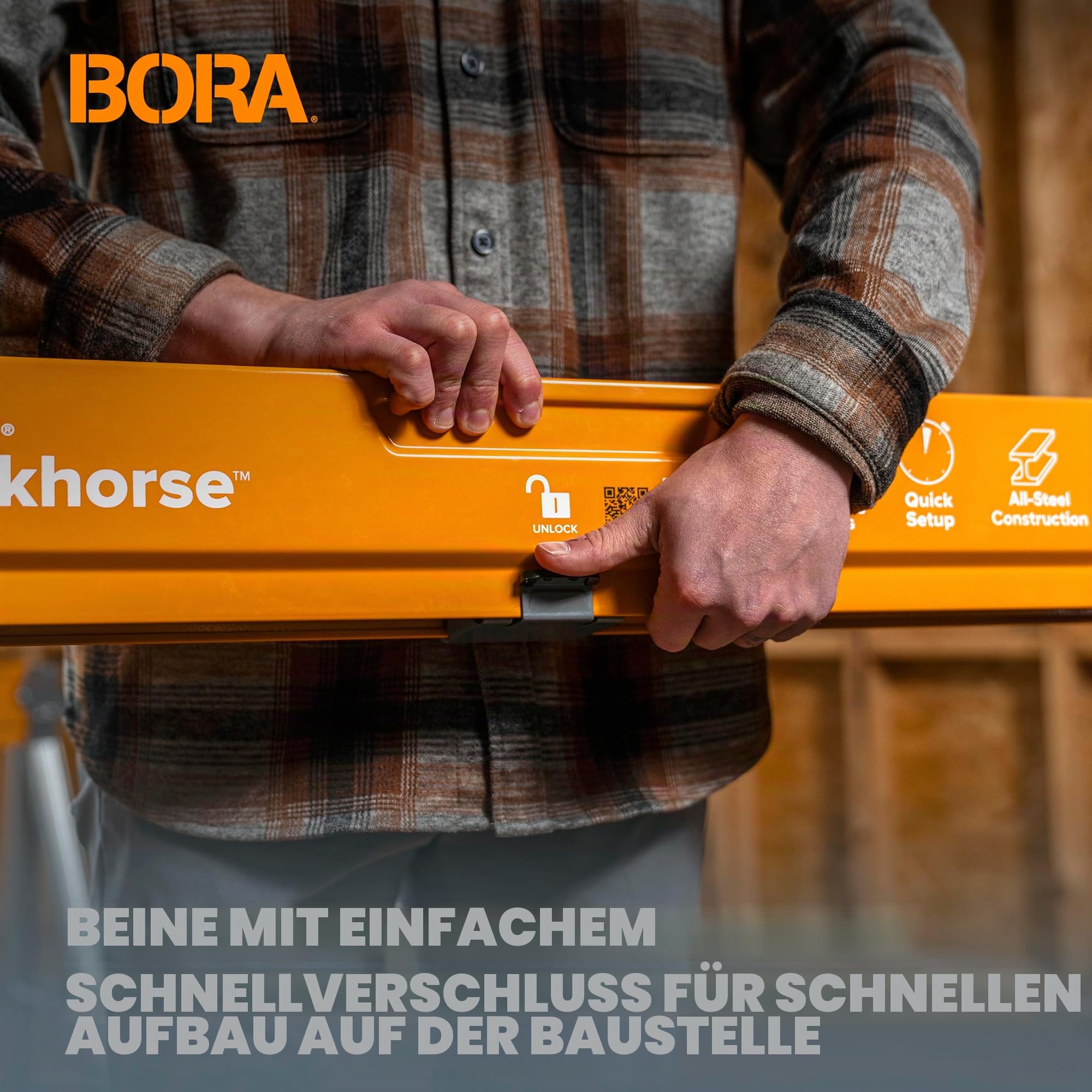 BORA Arbeitsböcke mit robustem Stahlrahmen, 500 kg Tragfähigkeit. Arbeitsbock 2er set. Unterstellblock - PM-3330T, Orange/Abendrot im Zickzackmuster (Sunset Chevron) | Sägebock 2er Set mit 2x4 Halterung & Stahlrahmen – klappbar, tragbar, für Werkbank & Ba