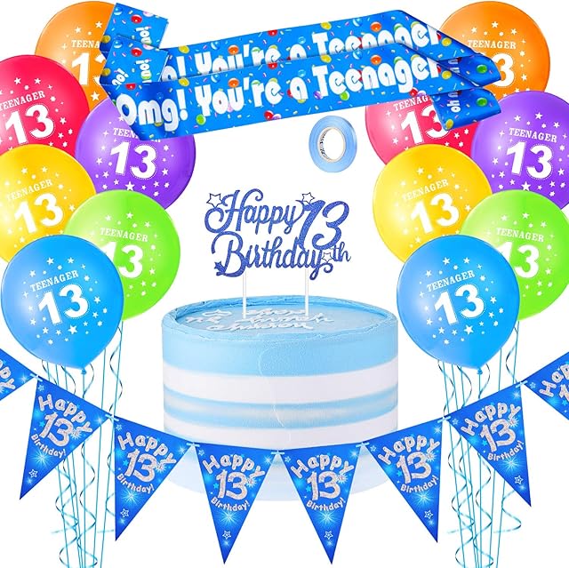 13th Birthday Decorations Set, Includes 12 Inches Teenager Birthday Balloons 13th Birthday Latex Balloons, Happy 13th Birthday Bunting Banner, 13th Birthday Cake Topper and 13th Birthday Sash (Blue)