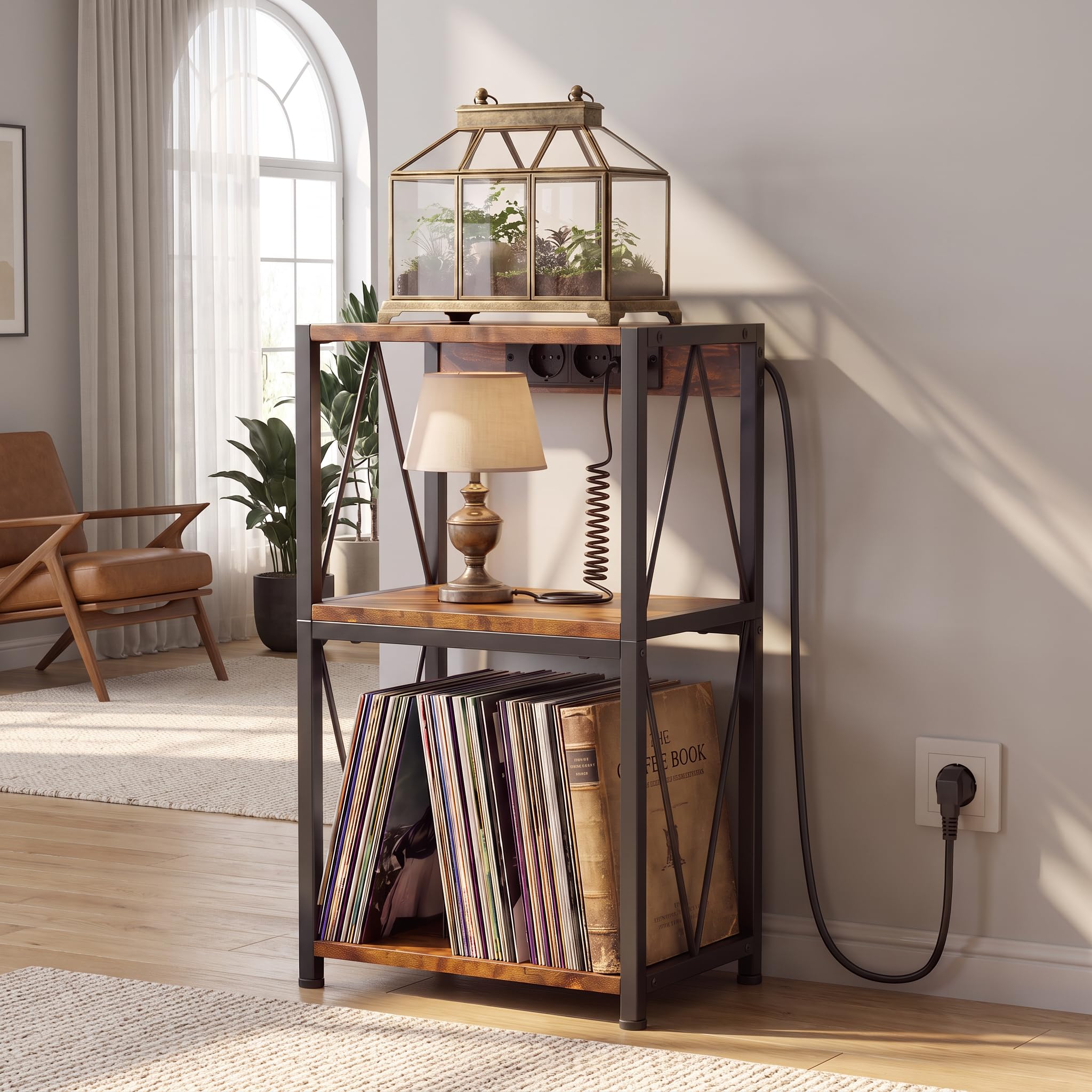 Estantería giratoria de versión mejorada con tablero de mesa más ancho de 50 x 40 cm, estante de 3 pisos, almacenamiento para 100 discos de vinilo, mesa auxiliar para salón o dormitorio