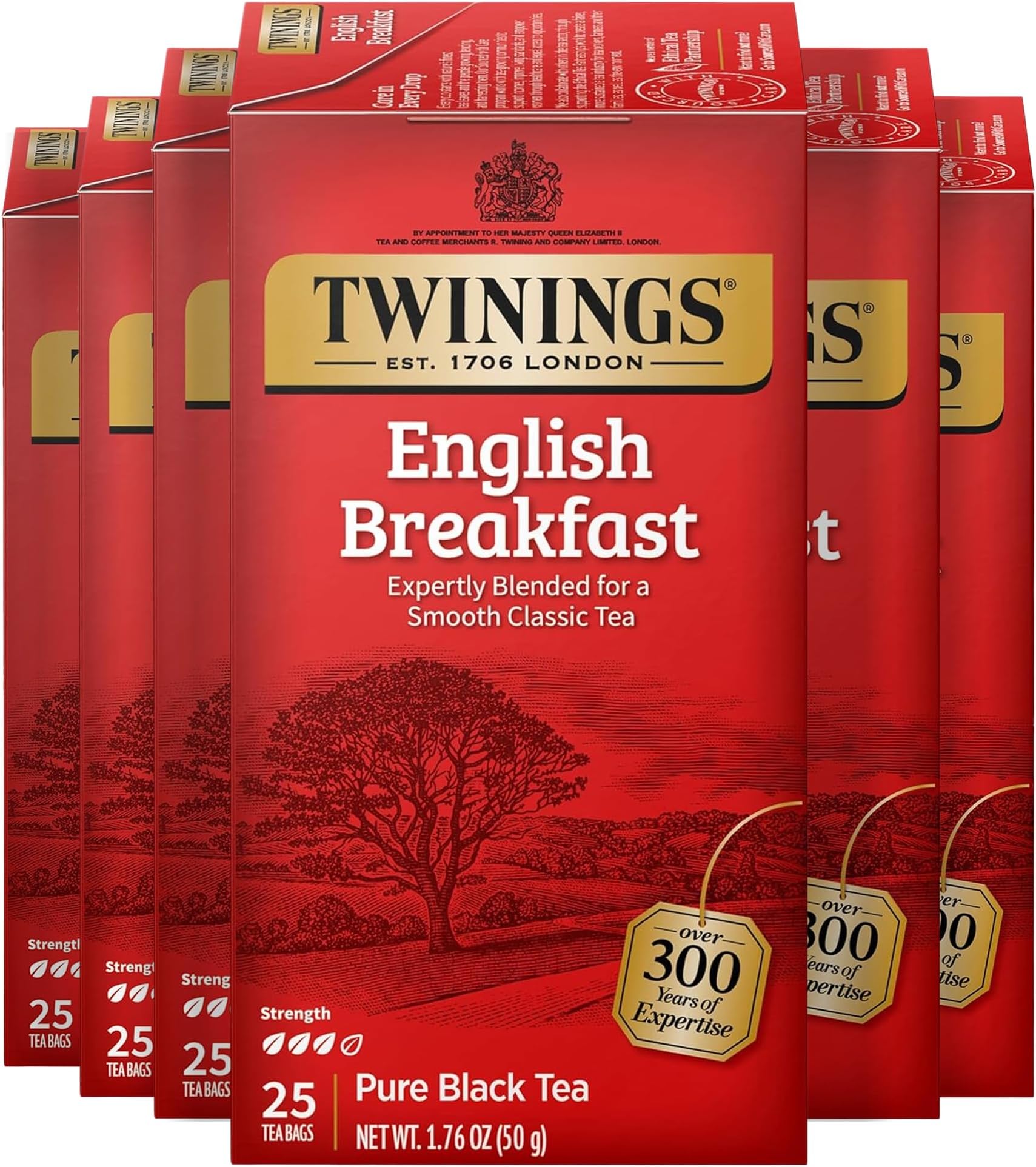 English Breakfast Black Tea Individually Wrapped Bags, 25 Count (Pack of 6), Flavourful, Robust Black Tea, Caffeinated, Enjoy Hot or Iced, 150 Teabags