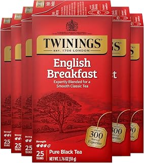 Twinings English Breakfast Black Tea Individually Wrapped Bags, 25 Count (Pack of 6), Flavourful, Robust Black Tea, Caffeinated, Enjoy Hot or Iced, 150 Teabags