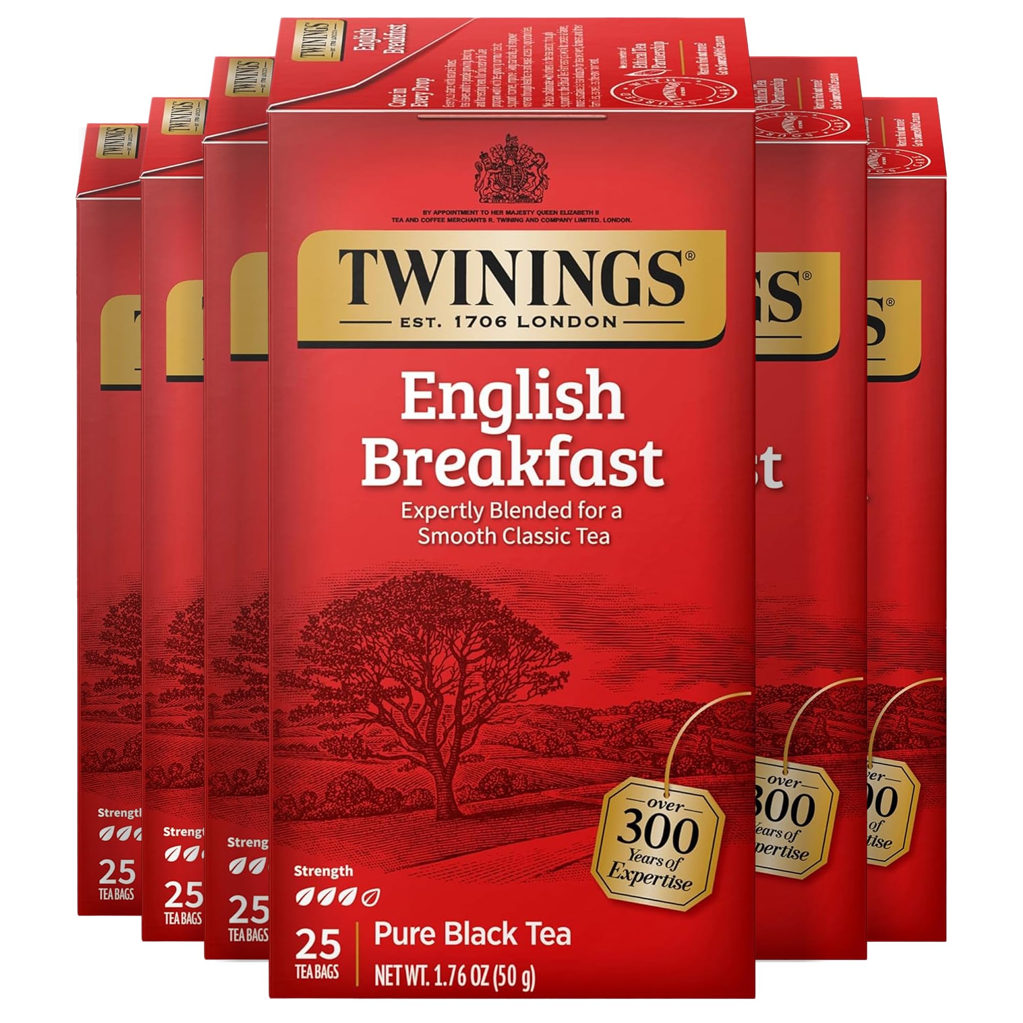 Twinings English Breakfast Black Tea Individually Wrapped Bags, 25 Count (Pack of 6), Flavourful, Robust Black Tea, Caffeinated, Enjoy Hot or Iced, 150 Teabags English Breakfast 25 Count (Pack of 6)